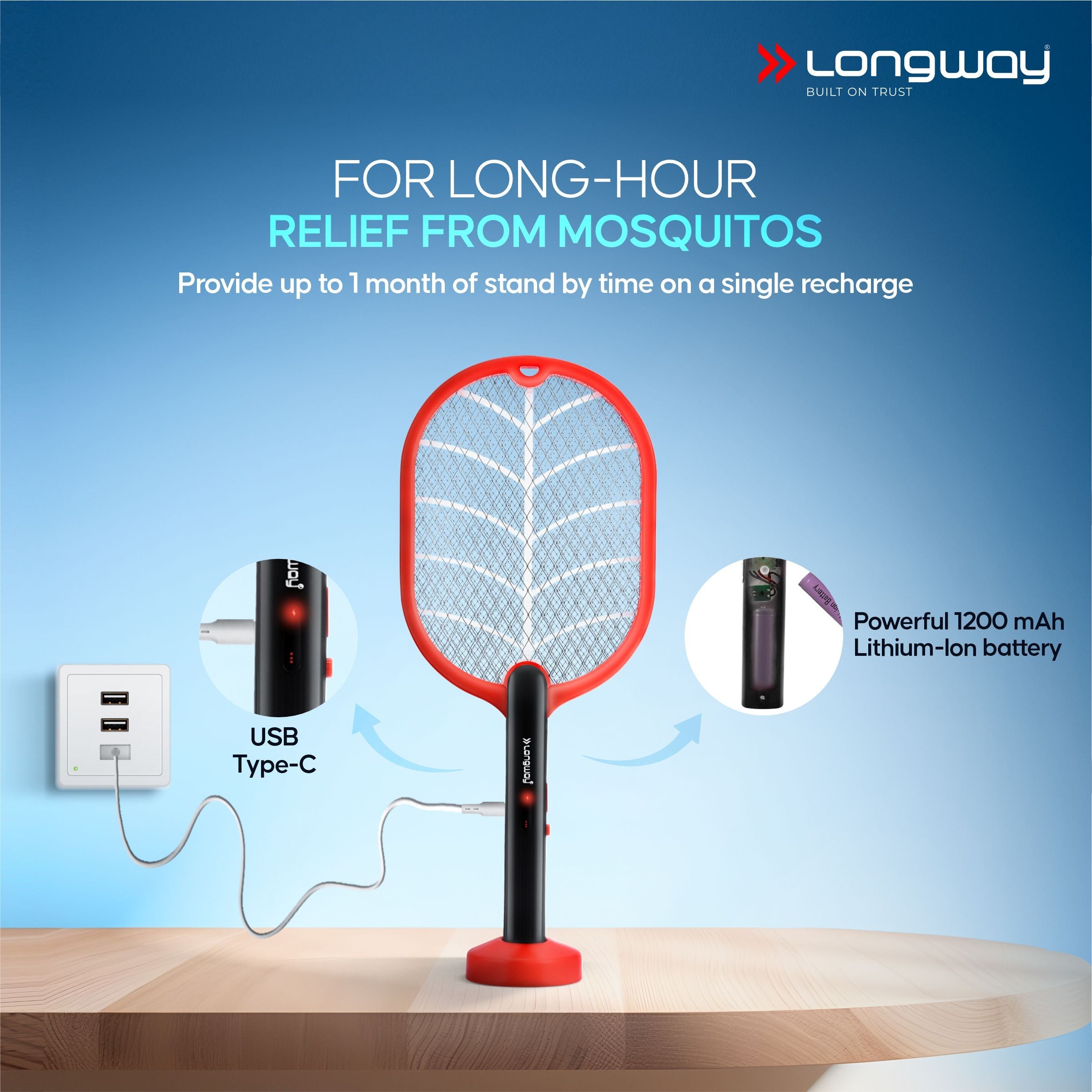 Longway Swatt Rechargeable Mosquito Racket | 3500V DC Voltage on the Net Mesh| Insect Killer Bat | 1200mAH Battery | Large Net Area for Better Coverage | Long Lasting Internal Battery | 6 Months Warranty (Black)