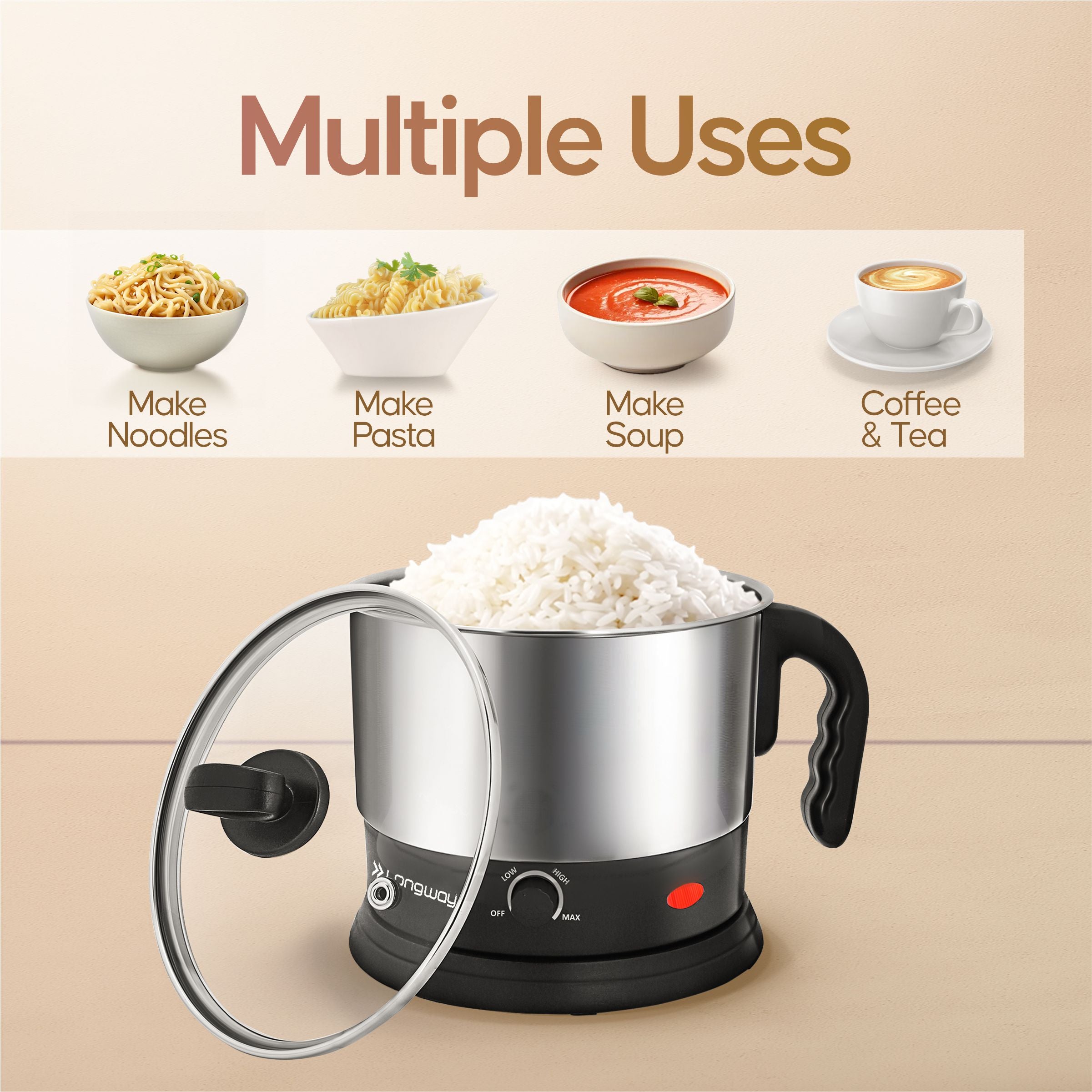 Longway Handy 1.5 Ltr Multi-Cooker Electric Kettle with Stainless Steel Body for Boiling & Cooking (Black & Silver, 600 Watt)
