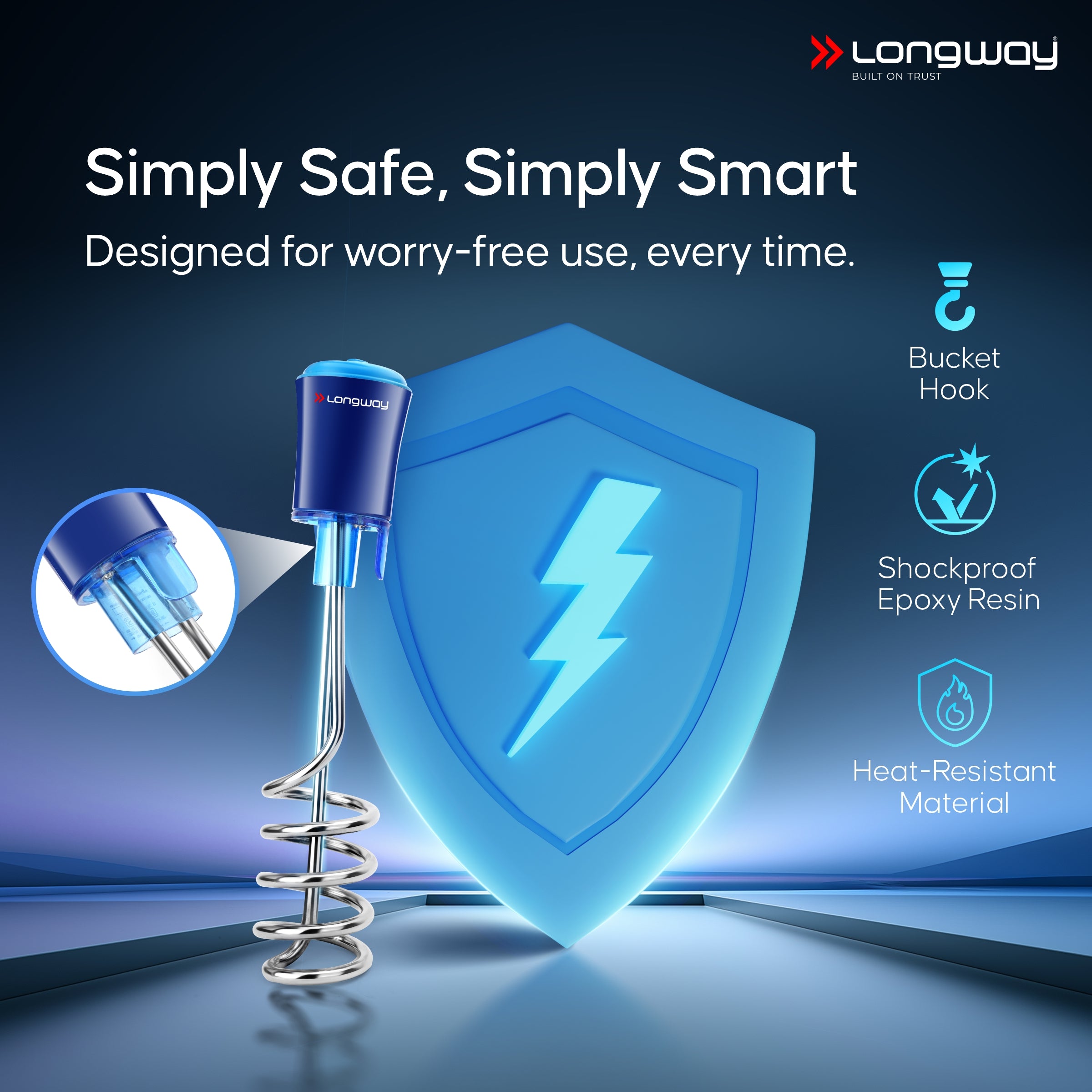 Longway LWIR01 1500 Watt Immersion Rod, Water Heater with Waterproof & Shockproof Protection ISI Certified | 2 Years Warranty (White)