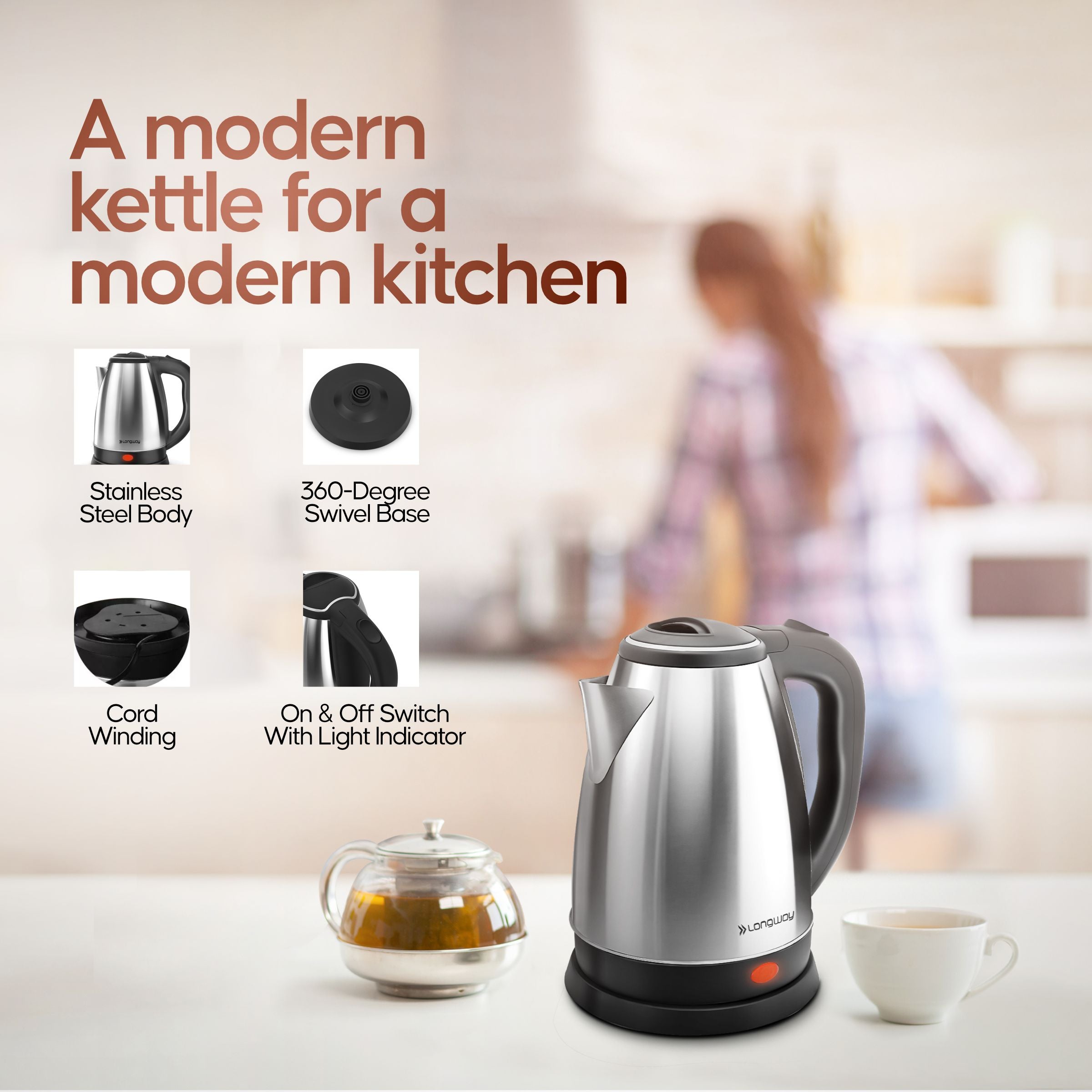 Longway Kestro 2 Ltr Electric Kettle with Stainless Steel Body for Boiling (Silver & Black, 1500 Watt)