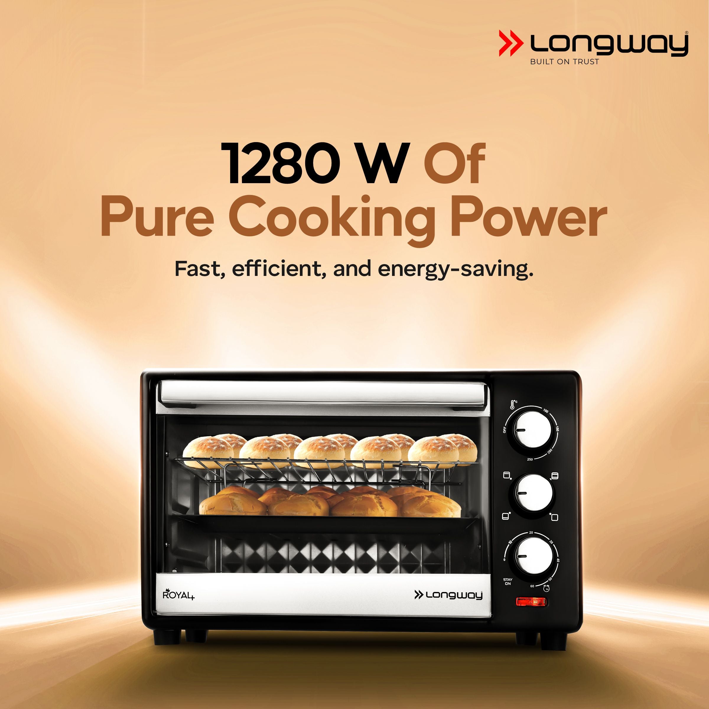 Longway Royal Plus OTG 25 Ltr Oven Toaster Griller with Multiple Heating Modes | Temperature Timer Control for Baking Pizza, Cake, Grilling Chicken & Toasting Bread|1 Year Warranty (1280W, Silver)