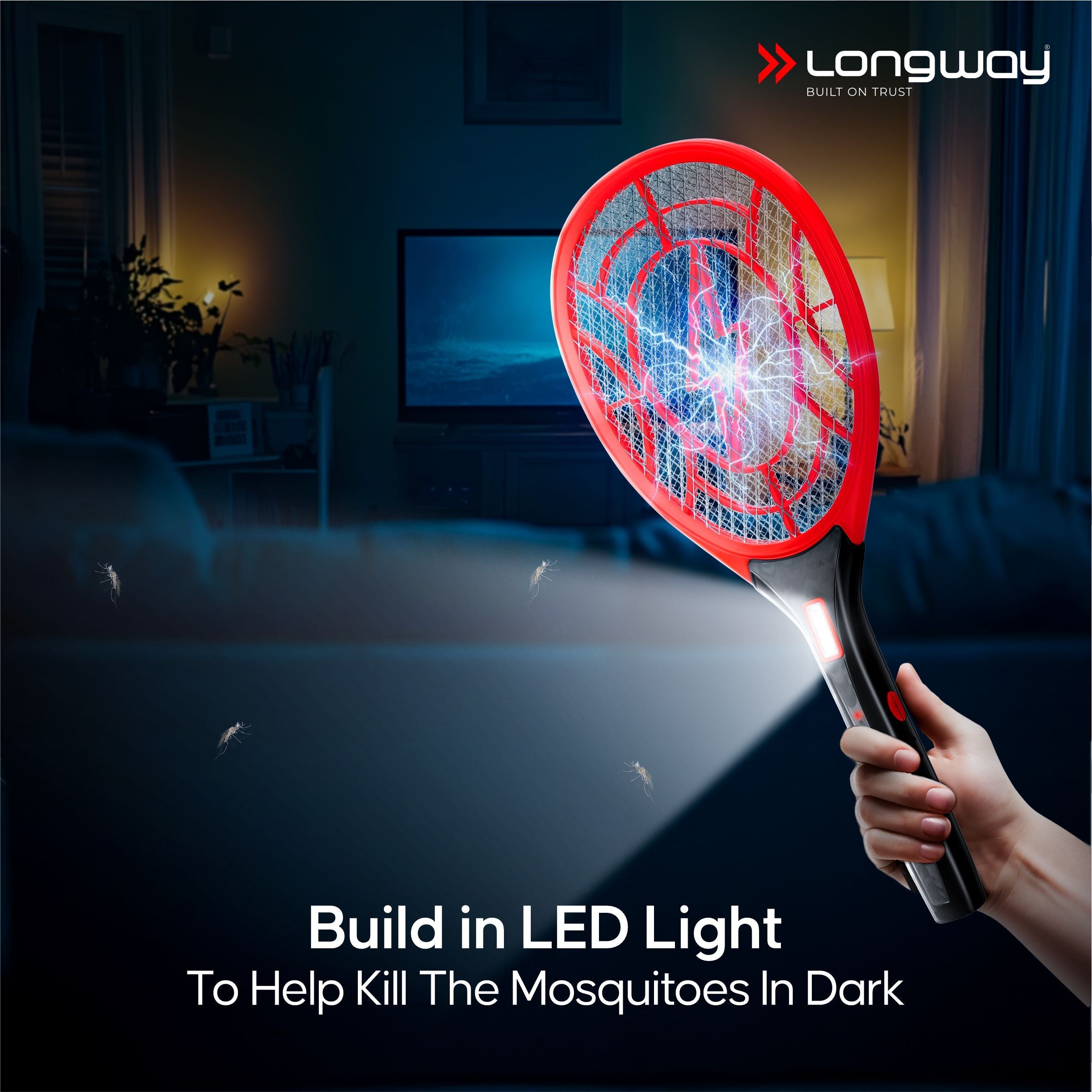 Longway Zappy Rechargeable Mosquito Racket | 3500V DC Voltage on the Net Mesh| Insect Killer Bat | 500mAH Battery | Large Net Area for Better Coverage | Long Lasting Internal Battery | 6 Months Warranty (Black)