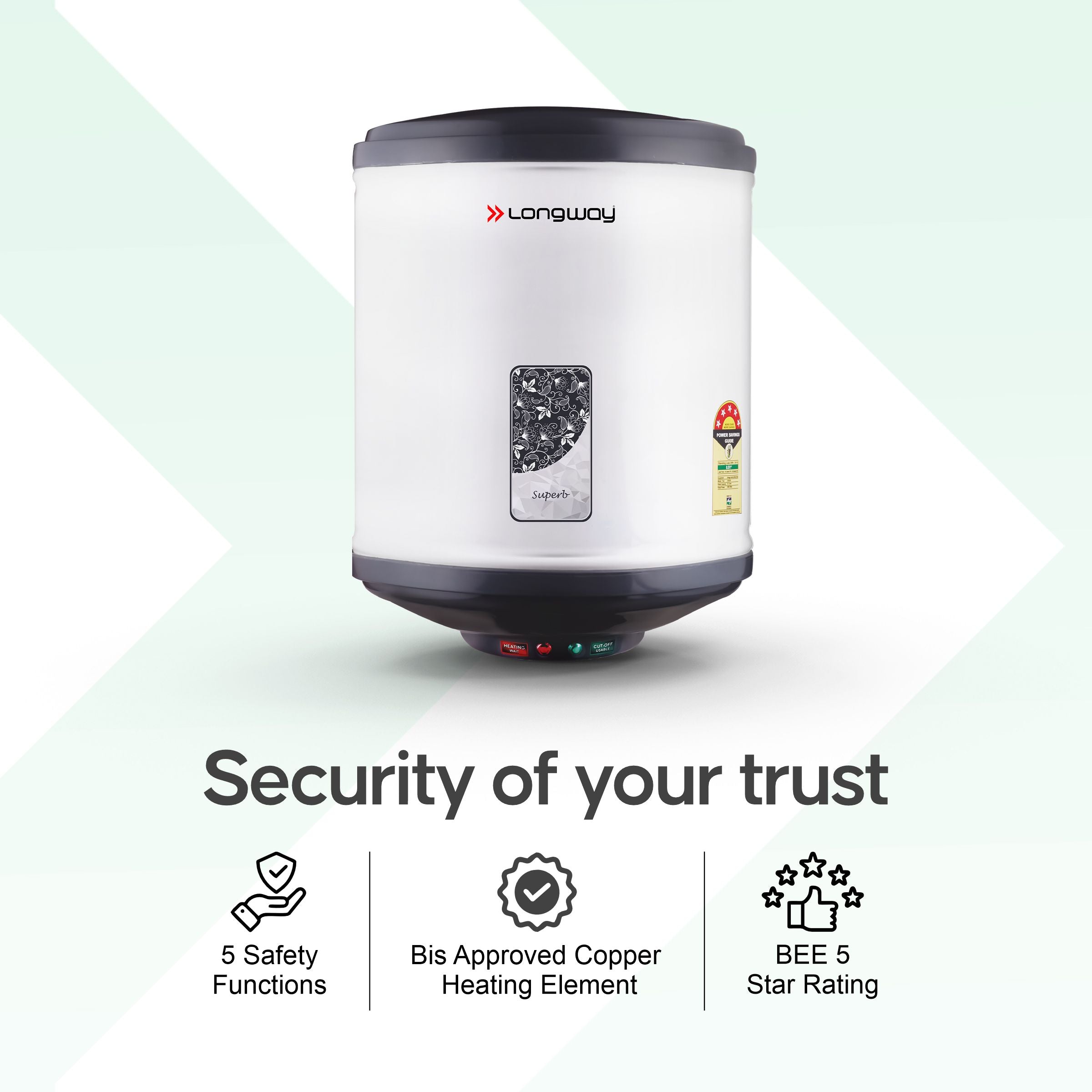 Longway Superb 25 Ltr 5 Star Rated Automatic Storage Water for Home, Water Geyser, Water Heater, Electric Geyser with Multiple Safety System & Anti-Rust Coating | 1-Year Warranty | (Gray, 25 Ltr)