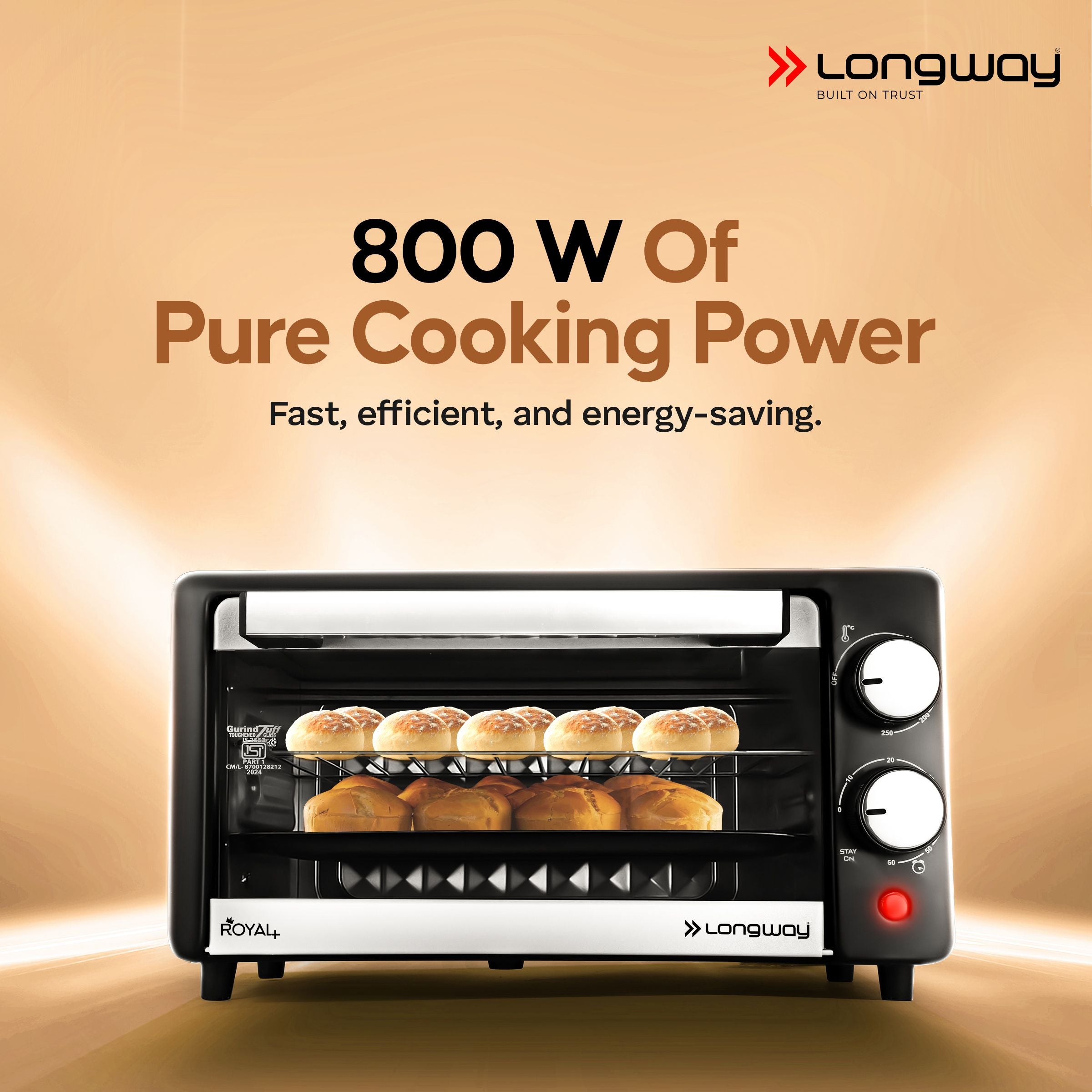 Longway Royal Plus OTG 12 Ltr Oven Toaster Griller with Multiple Heating Modes | Temperature Timer Control for Baking Pizza, Cake, Grilling Chicken & Toasting Bread|1 Year Warranty (800W, Silver)