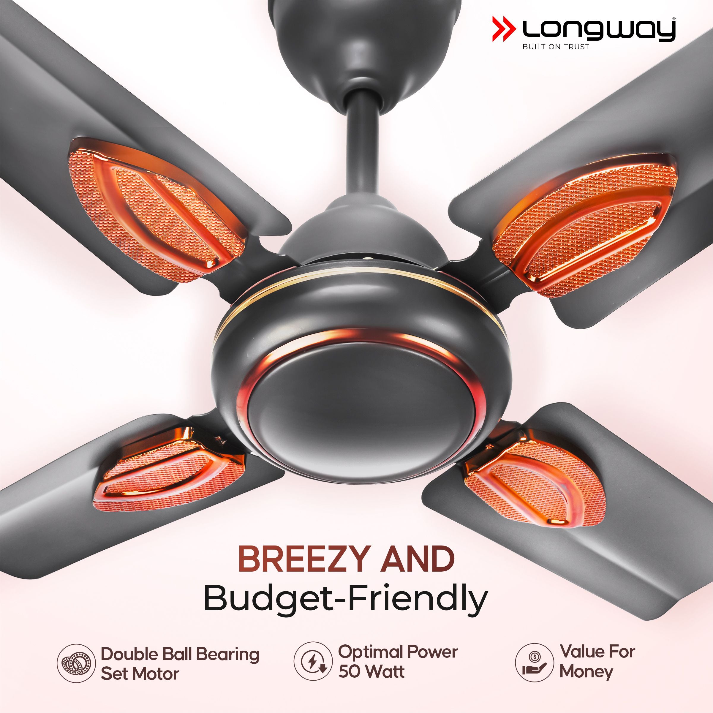 Longway Kiger P1 600 mm/24 inch Ultra High Speed 4 Blade Anti-Dust Decorative 5-Star Rated Ceiling Fan (Smoked Brown, Pack of 1)