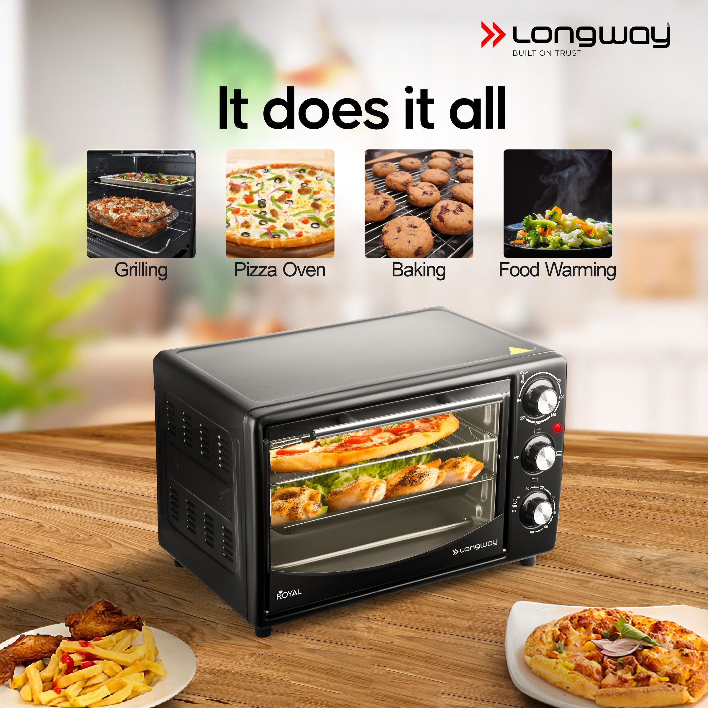 Longway Royal OTG 25 Ltr Oven Toaster Griller with Heating Modes | Temperature Timer Control for Baking Pizza, Cake, Grilling Chicken & Toasting Bread| (1500 W, Black)