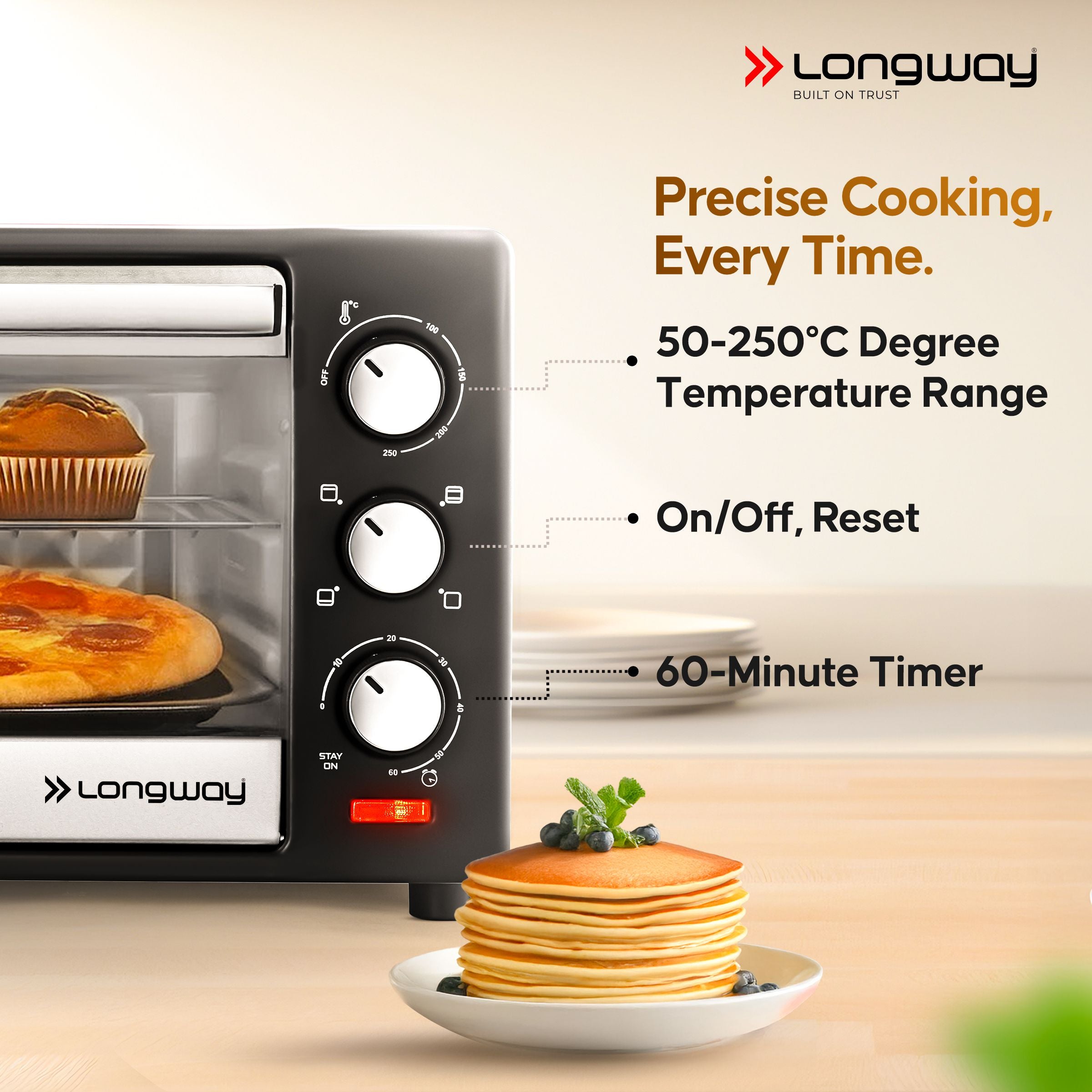 Longway Royal Plus OTG 25 Ltr Oven Toaster Griller with Multiple Heating Modes | Temperature Timer Control for Baking Pizza, Cake, Grilling Chicken & Toasting Bread|1 Year Warranty (1280W, Silver)
