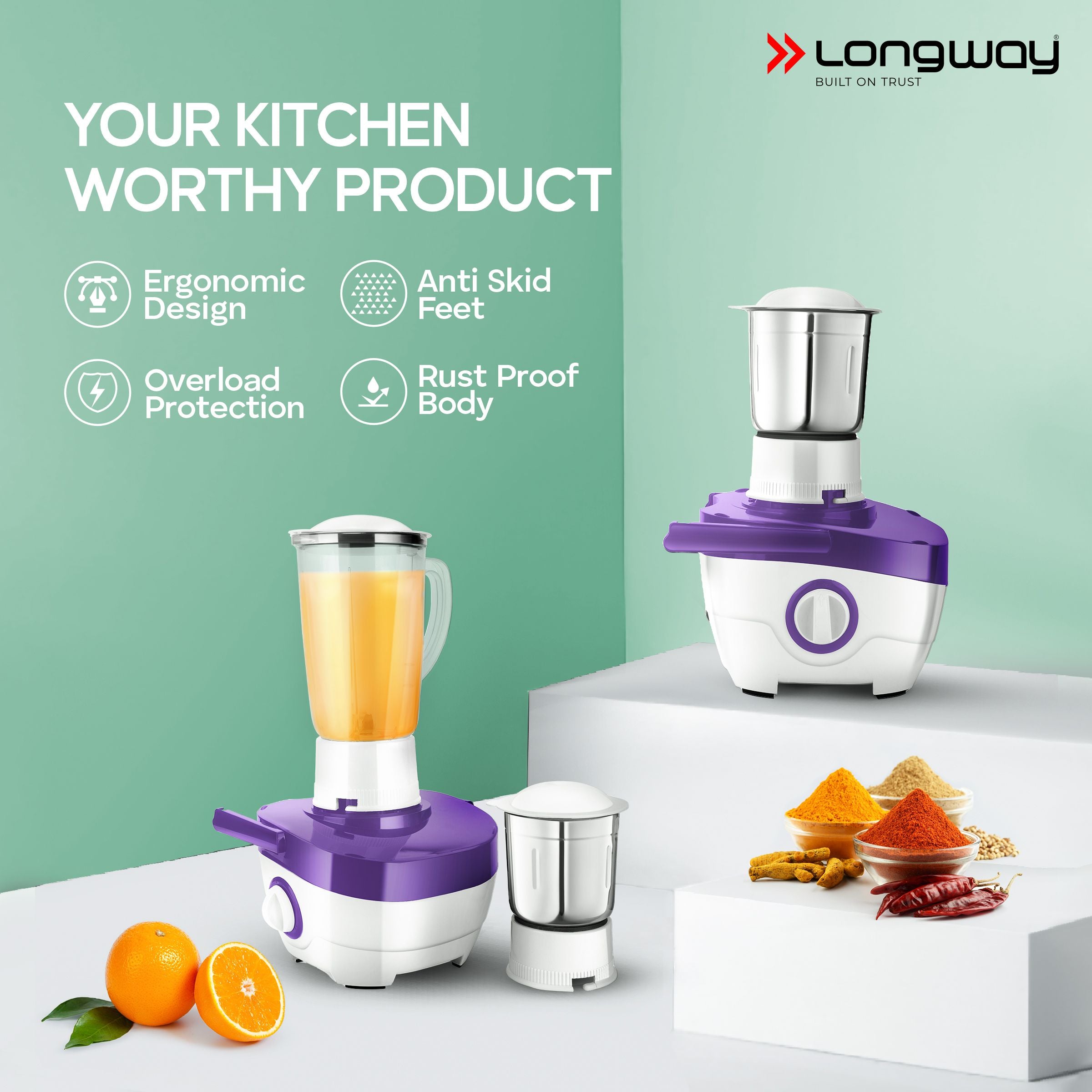 Longway Juicy 600 Watt Juicer Mixer Grinder with 2 Jars for Grinding, Mixing, Juicing with Powerful Motor | 1 Year Warranty (2 Jars, Purple)