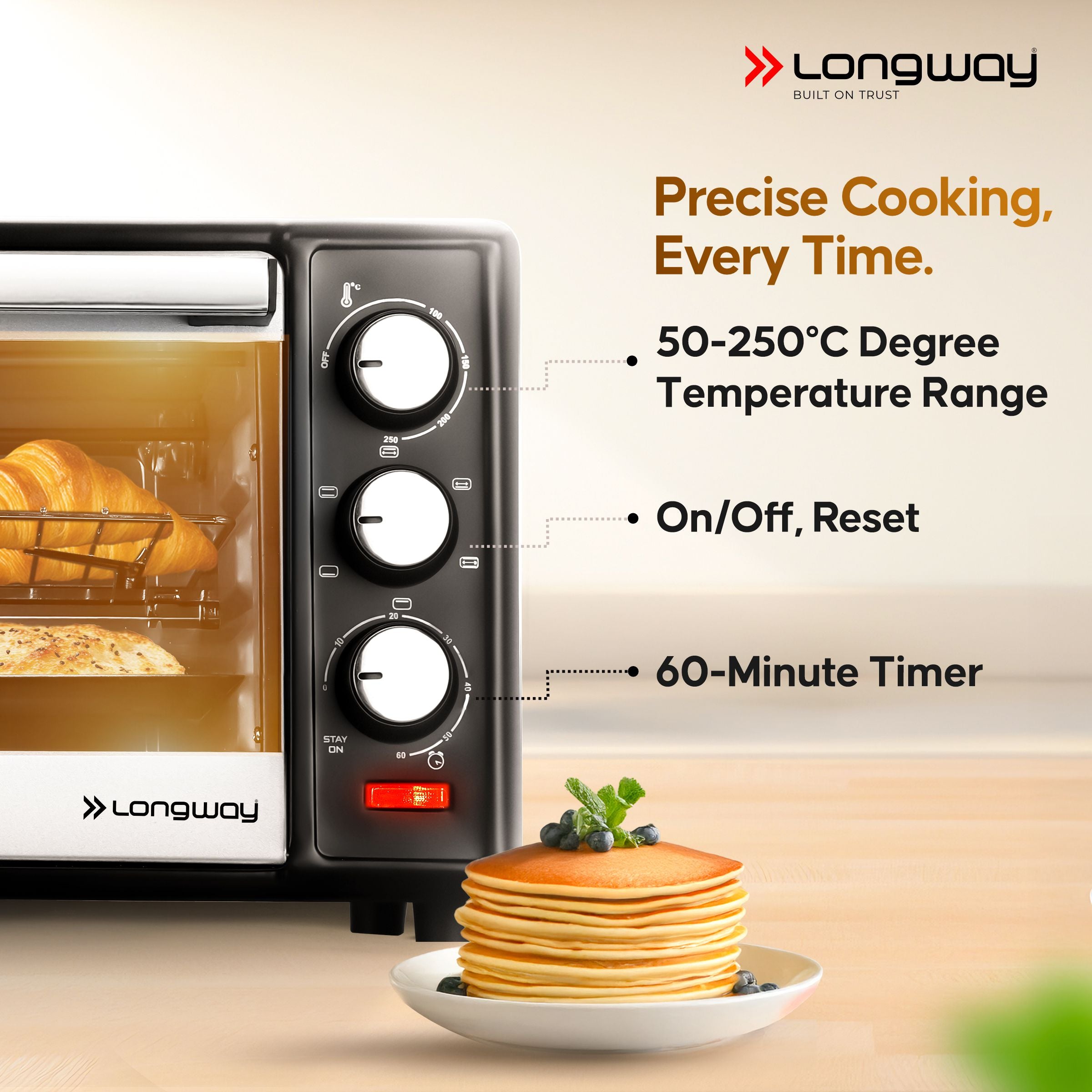 Longway Royal Plus OTG 28 Ltr Oven Toaster Griller with Illuminated chamber, Motorized rotisserie Multiple Heating Modes | Temperature Timer Control for Baking Pizza, Cake, Grilling Chicken & Toasting Bread (1500W, Silver)