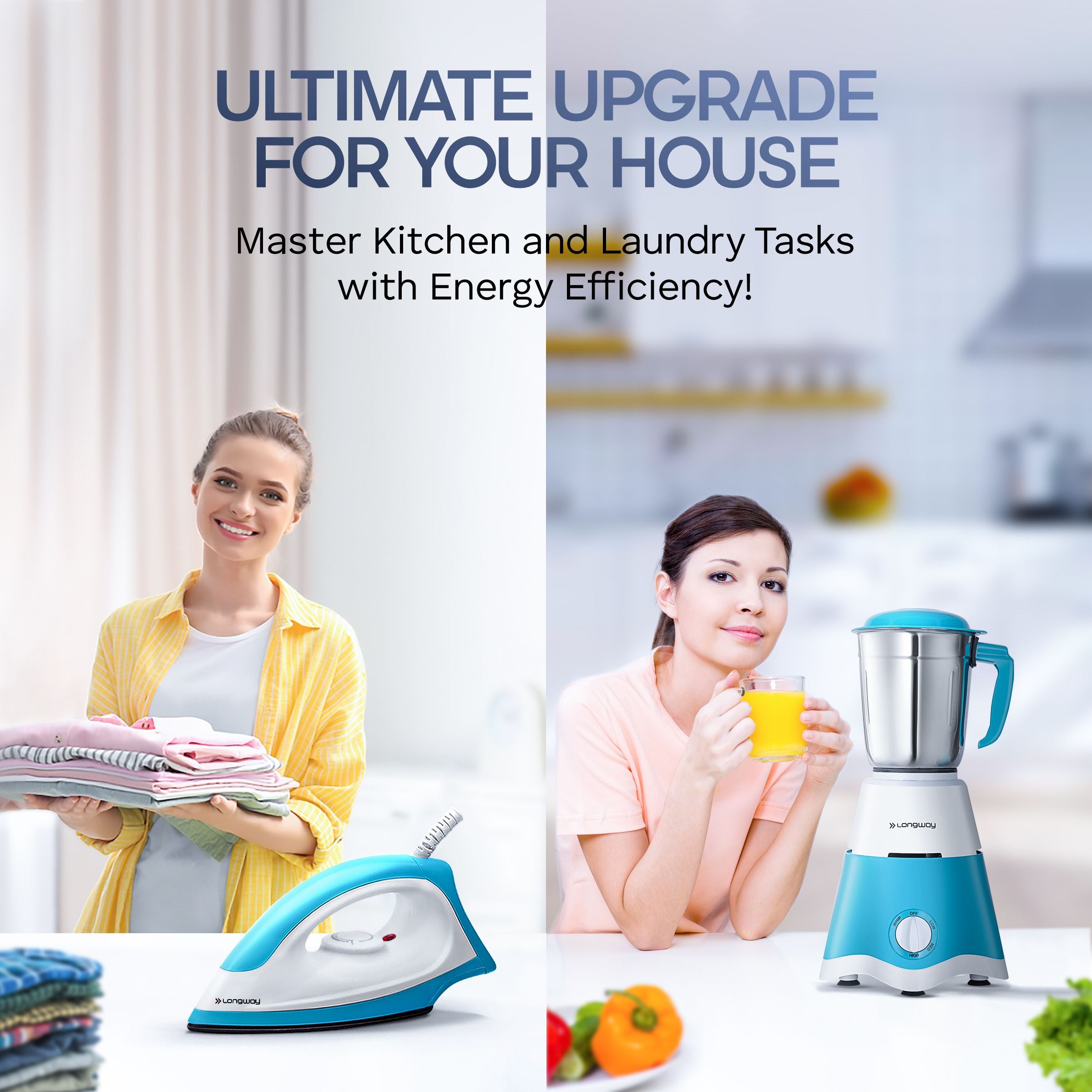 Longway Super Dlx 700 Watt Mixer Grinder with 3 Jars for Grinding, Mixing with Powerful Motor & Kwid 1100 Watt Dry Iron | 1 Year Warranty | (White & Blue, Combo Offer)