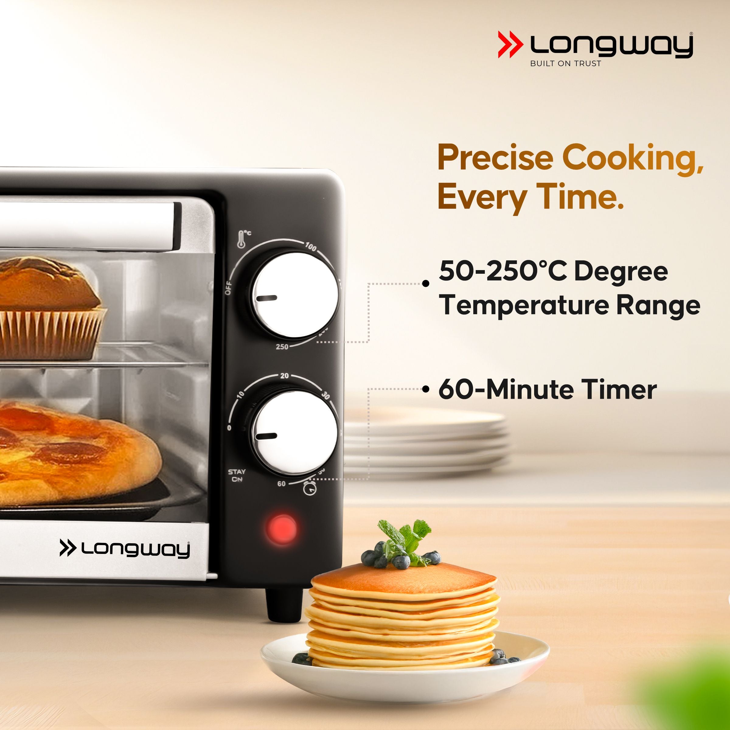 Longway Royal Plus OTG 12 Ltr Oven Toaster Griller with Multiple Heating Modes | Temperature Timer Control for Baking Pizza, Cake, Grilling Chicken & Toasting Bread|1 Year Warranty (800W, Silver)