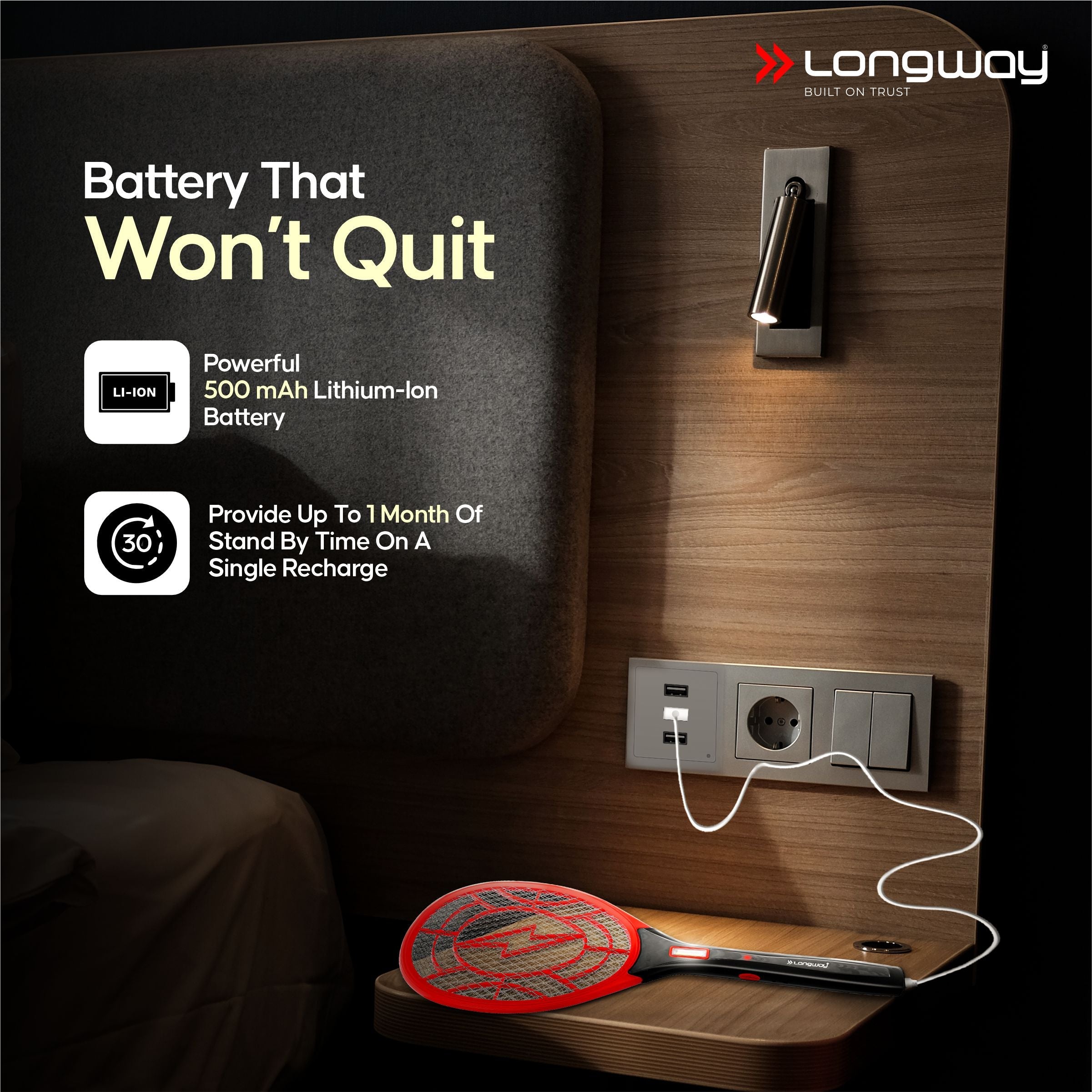Longway Zappy Rechargeable Mosquito Racket | 3500V DC Voltage on the Net Mesh| Insect Killer Bat | 500mAH Battery | Large Net Area for Better Coverage | Long Lasting Internal Battery | 6 Months Warranty (Black)