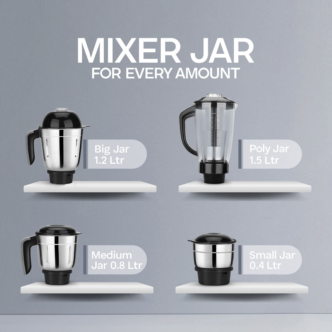 Longway Kratos 1000 Watt Juicer Mixer Grinder with 4 Jars for Grinding, Mixing, Juicing with Powerful Motor | 1 Year Warranty | (Black, 4 Jars)
