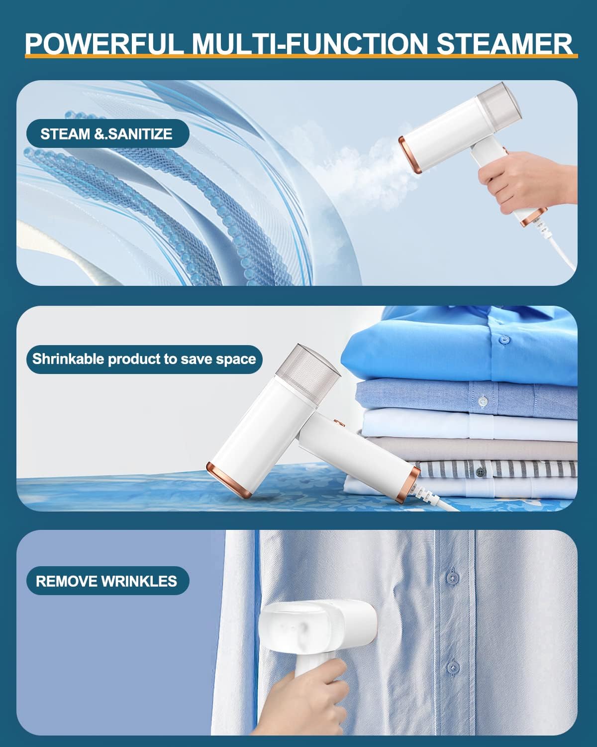 Longway Turbo 1000W Garment Steamer for Clothes | Foldable, Leak Proof, 248°F Steam with Fabric Brush & 120ml Water Tank | Powerful Steamer for Clothes (White)