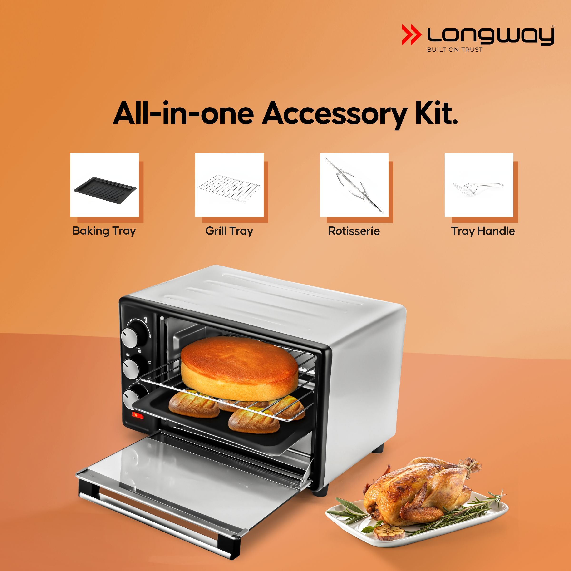Longway Royal Plus OTG 28 Ltr Oven Toaster Griller with Illuminated chamber, Motorized rotisserie Multiple Heating Modes | Temperature Timer Control for Baking Pizza, Cake, Grilling Chicken & Toasting Bread (1500W, Silver)
