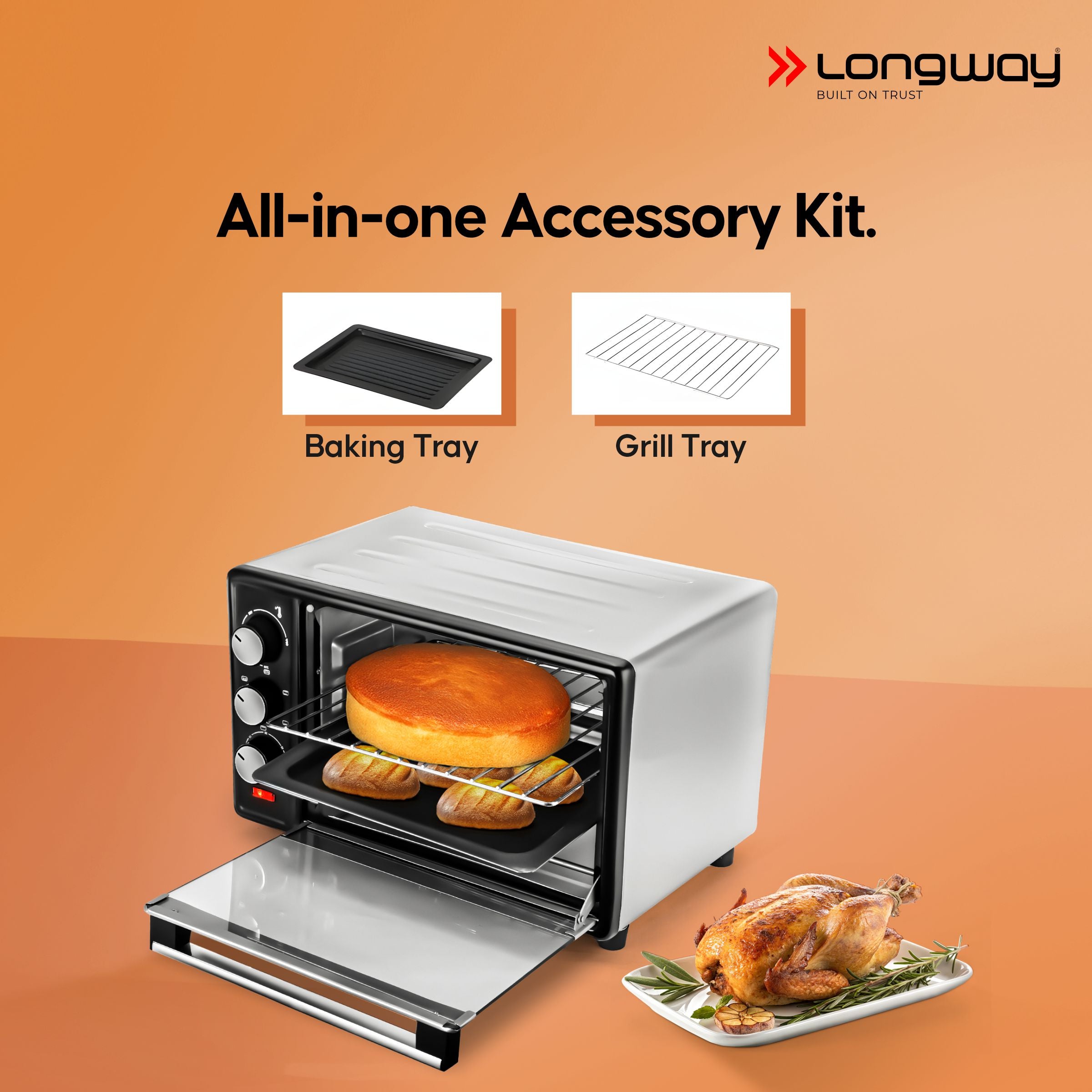 Longway Royal Plus OTG 25 Ltr Oven Toaster Griller with Multiple Heating Modes | Temperature Timer Control for Baking Pizza, Cake, Grilling Chicken & Toasting Bread|1 Year Warranty (1280W, Silver)