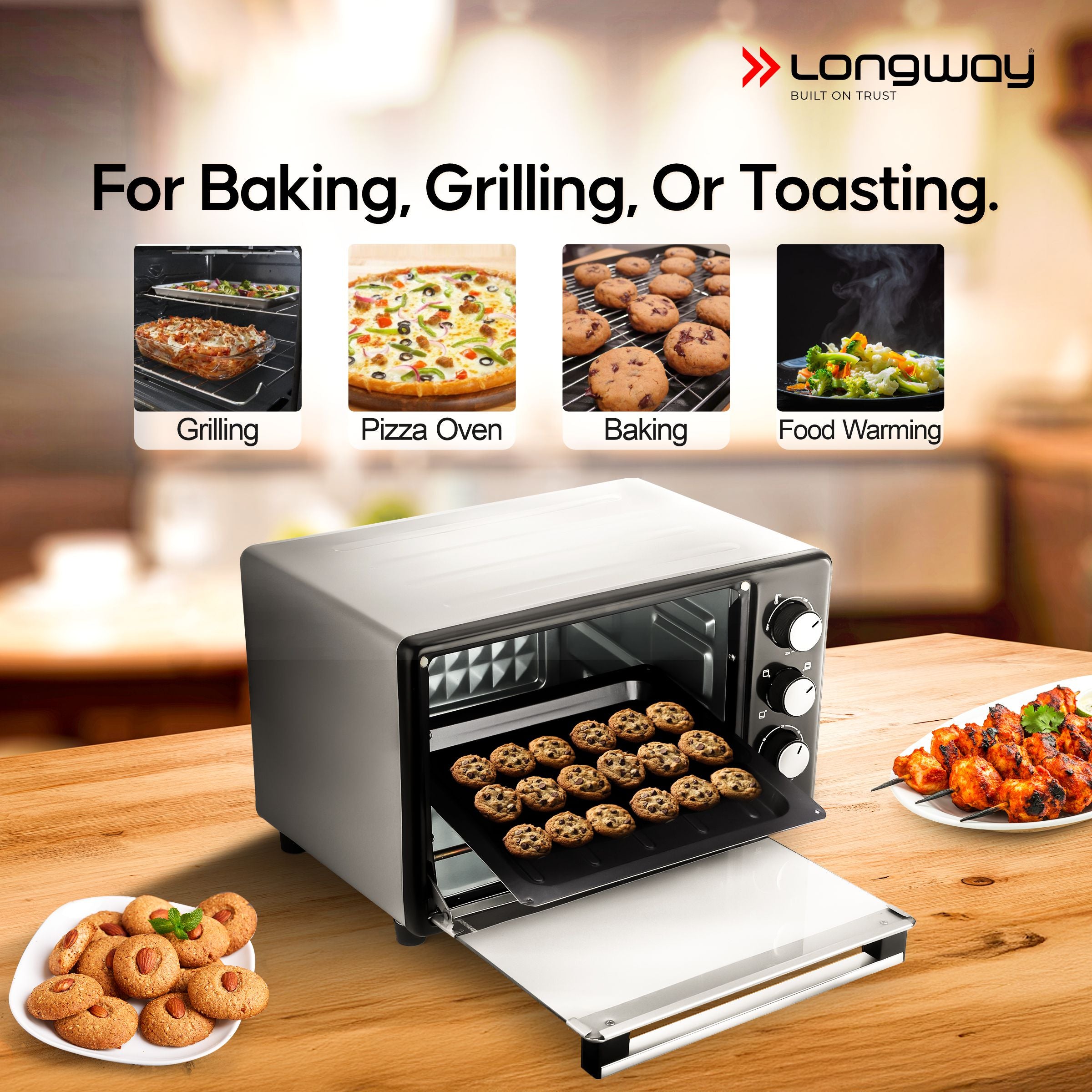 Longway Royal Plus OTG 25 Ltr Oven Toaster Griller with Multiple Heating Modes | Temperature Timer Control for Baking Pizza, Cake, Grilling Chicken & Toasting Bread|1 Year Warranty (1280W, Silver)