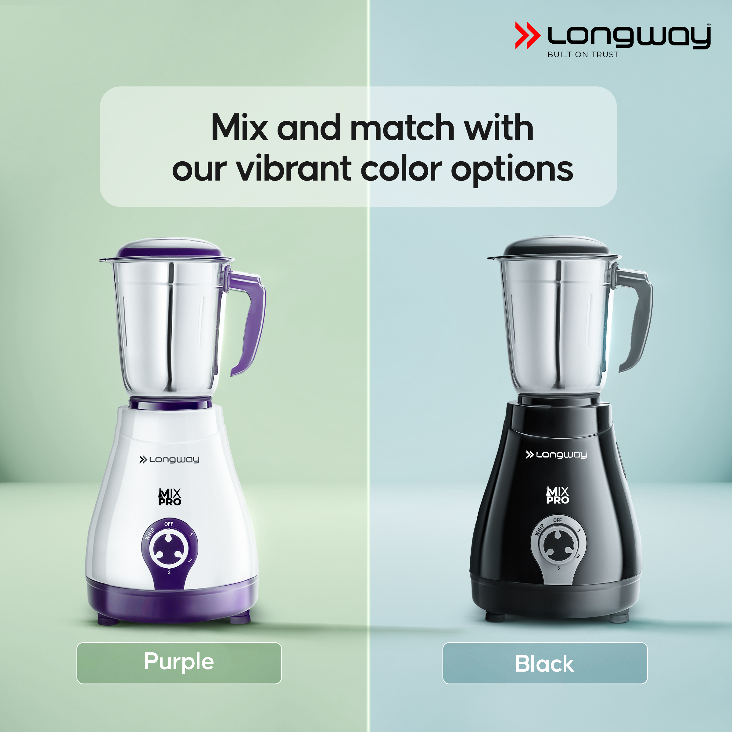 Longway Mix Pro 550 Watt Mixer Grinder with 4 Jars for Grinding, Mixing, Blending, Juicing with Powerful Motor | 2 Year Warranty | (Purple, 4 Jars)