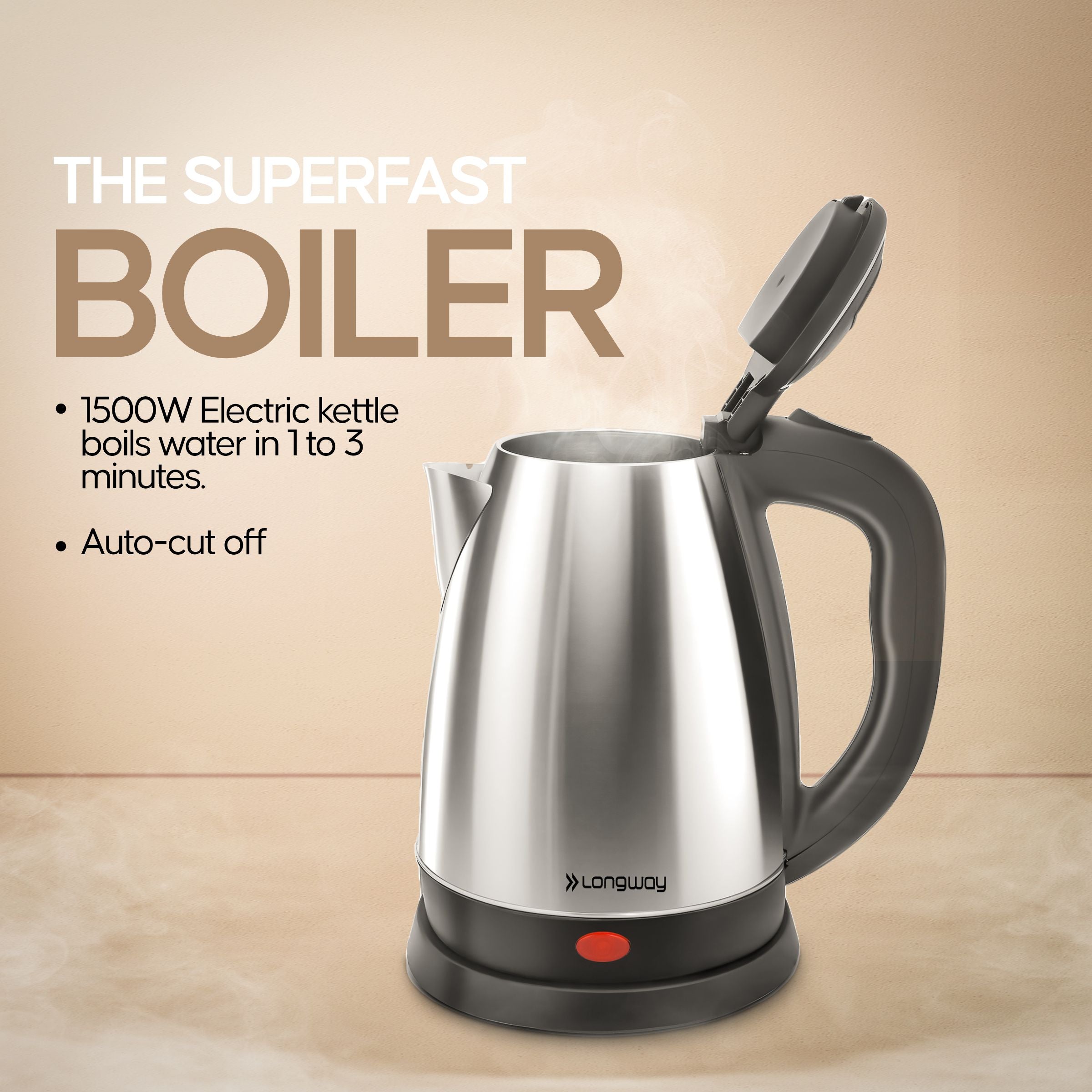 Longway Kestro 2 Ltr Electric Kettle with Stainless Steel Body for Boiling (Silver & Black, 1500 Watt)