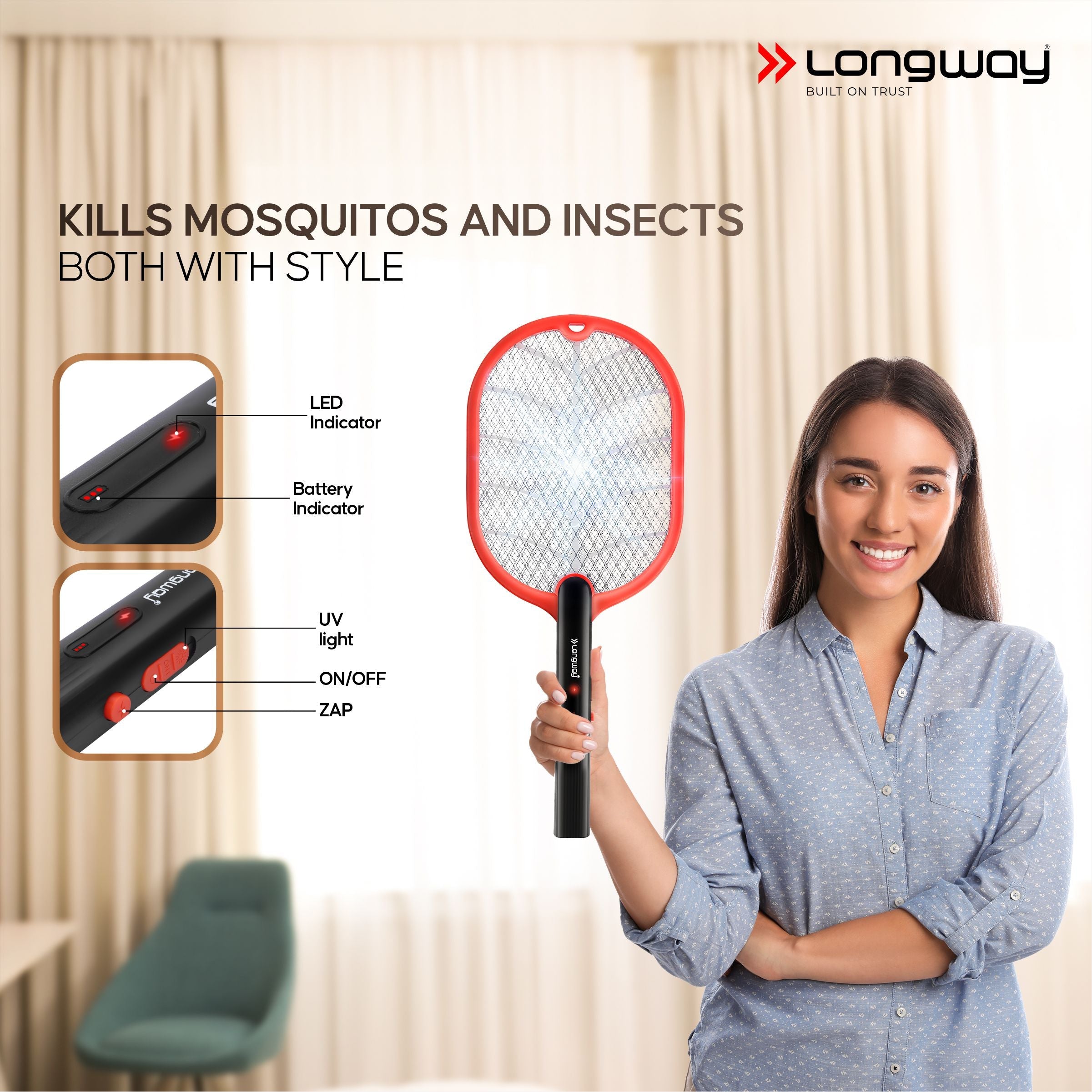 Longway Swatt Rechargeable Mosquito Racket | 3500V DC Voltage on the Net Mesh| Insect Killer Bat | 1200mAH Battery | Large Net Area for Better Coverage | Long Lasting Internal Battery | 6 Months Warranty (Black)