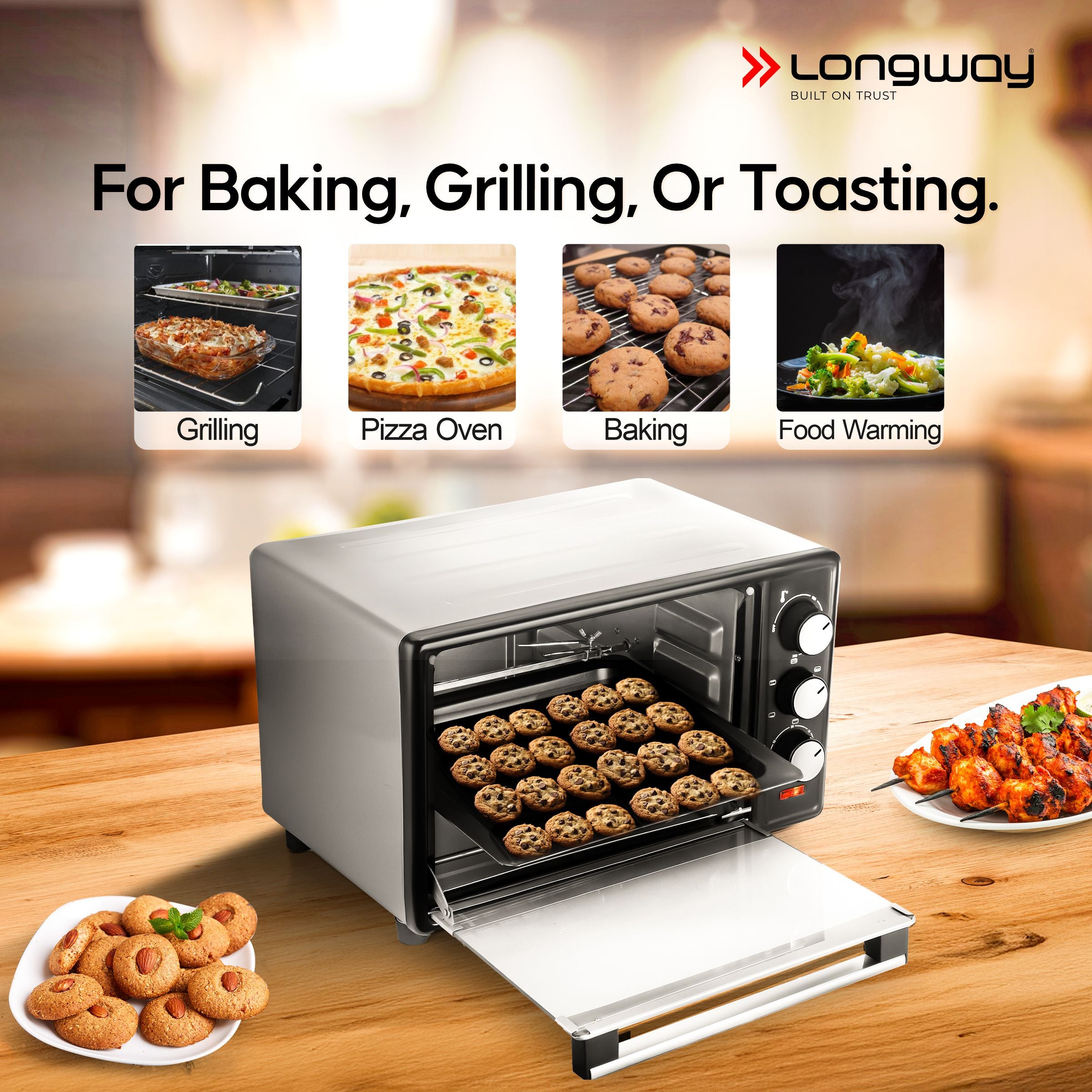 Longway Royal Plus OTG 28 Ltr Oven Toaster Griller with Illuminated chamber, Motorized rotisserie Multiple Heating Modes | Temperature Timer Control for Baking Pizza, Cake, Grilling Chicken & Toasting Bread (1500W, Silver)