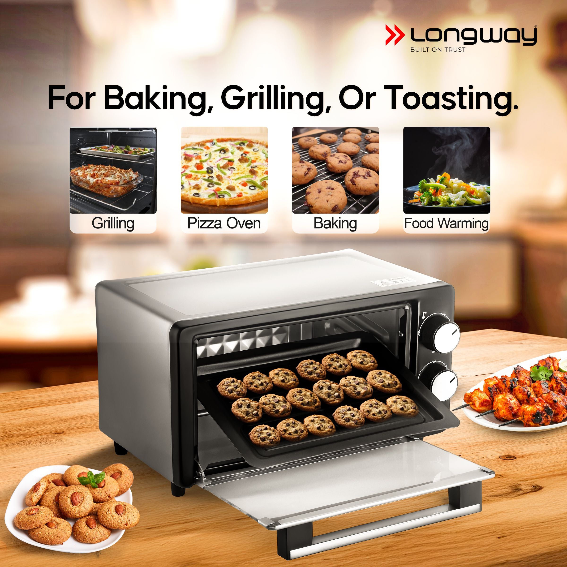 Longway Royal Plus OTG 12 Ltr Oven Toaster Griller with Multiple Heating Modes | Temperature Timer Control for Baking Pizza, Cake, Grilling Chicken & Toasting Bread|1 Year Warranty (800W, Silver)
