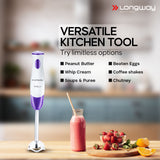 Longway Stella Hand Blender with Stainless Steel Blades | Detachable Anti Splash Stainless Steel Foot | Perfect for Smooth Blends (300 W, Purple)