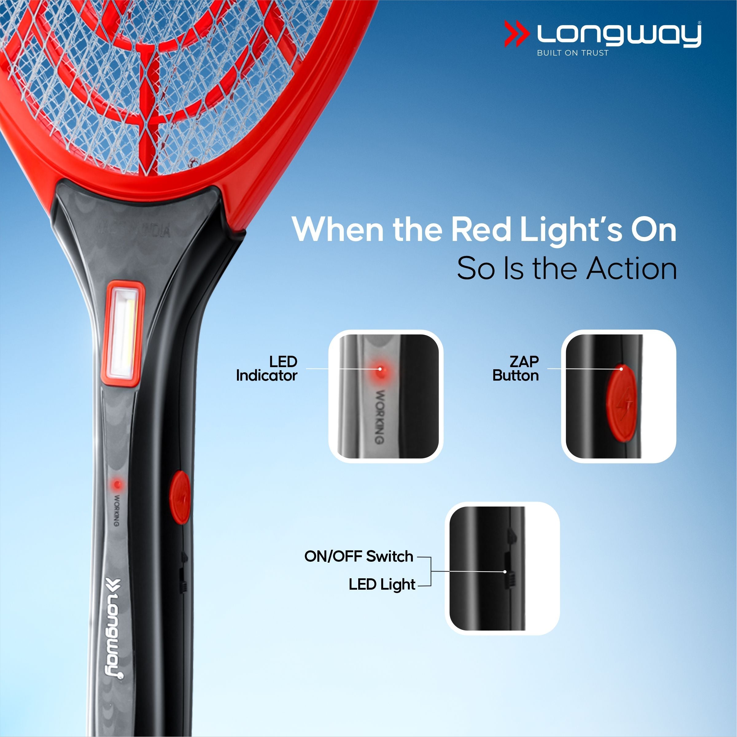 Longway Zappy Rechargeable Mosquito Racket | 3500V DC Voltage on the Net Mesh| Insect Killer Bat | 500mAH Battery | Large Net Area for Better Coverage | Long Lasting Internal Battery | 6 Months Warranty (Black)