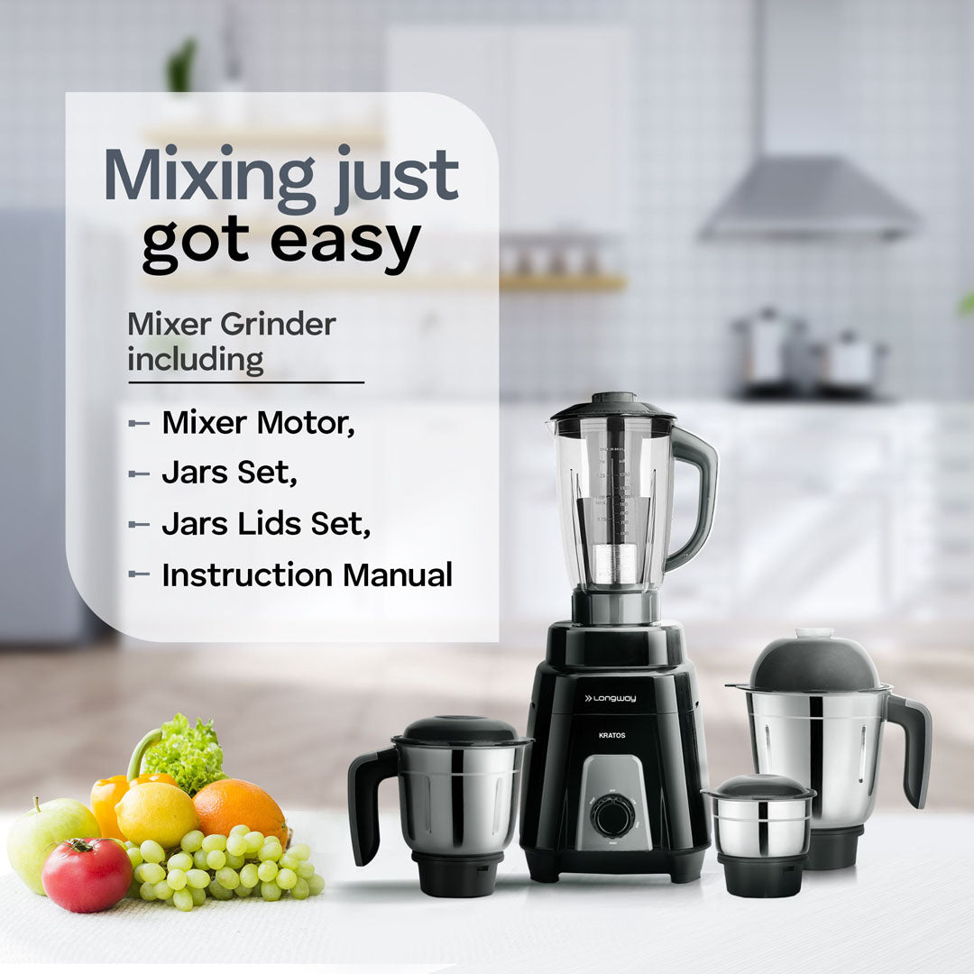 Longway Kratos 1000 Watt Juicer Mixer Grinder with 4 Jars for Grinding, Mixing, Juicing with Powerful Motor | 1 Year Warranty | (Black, 4 Jars)