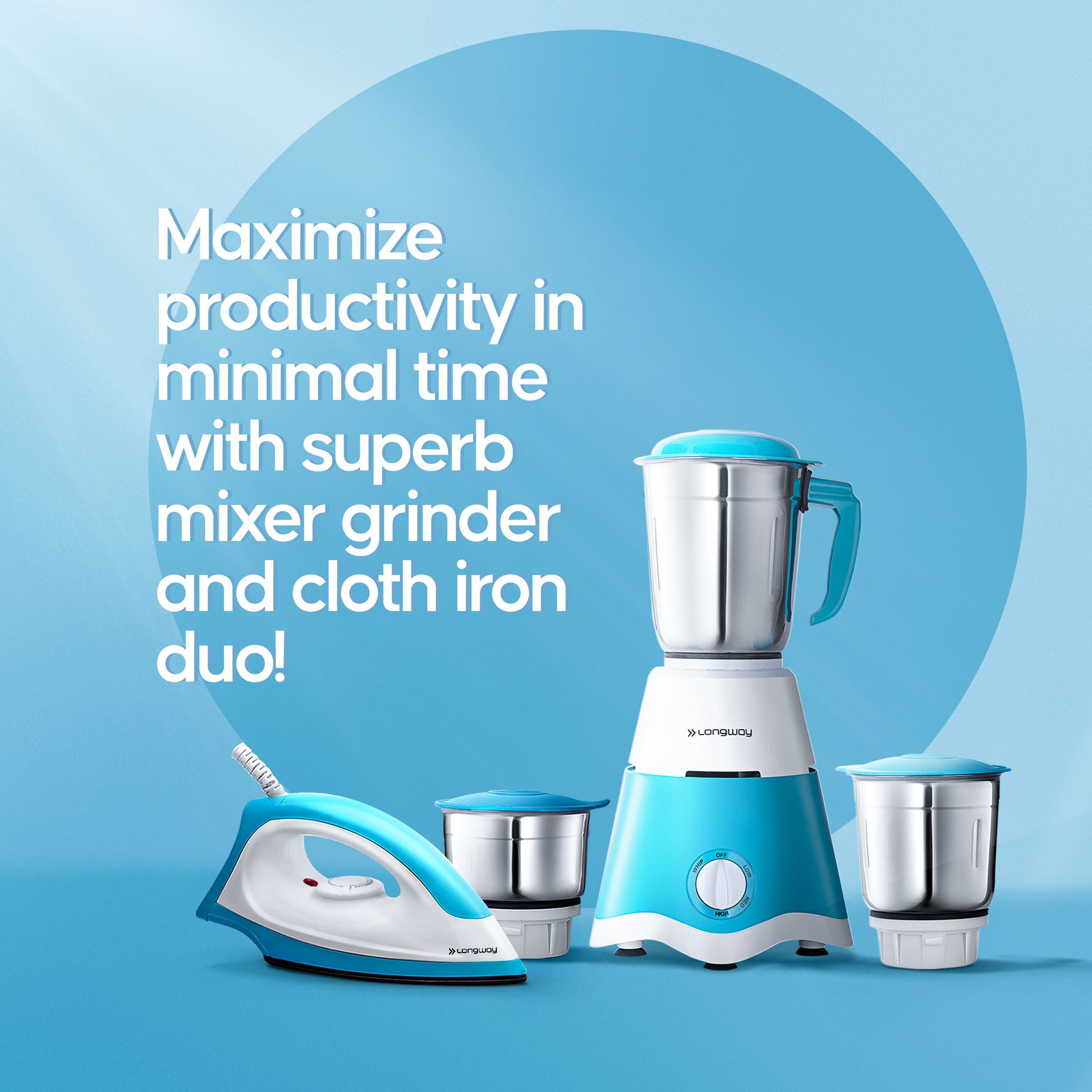 Longway Super Dlx 700 Watt Mixer Grinder with 3 Jars for Grinding, Mixing with Powerful Motor & Kwid 1100 Watt Dry Iron | 1 Year Warranty | (White & Blue, Combo Offer)