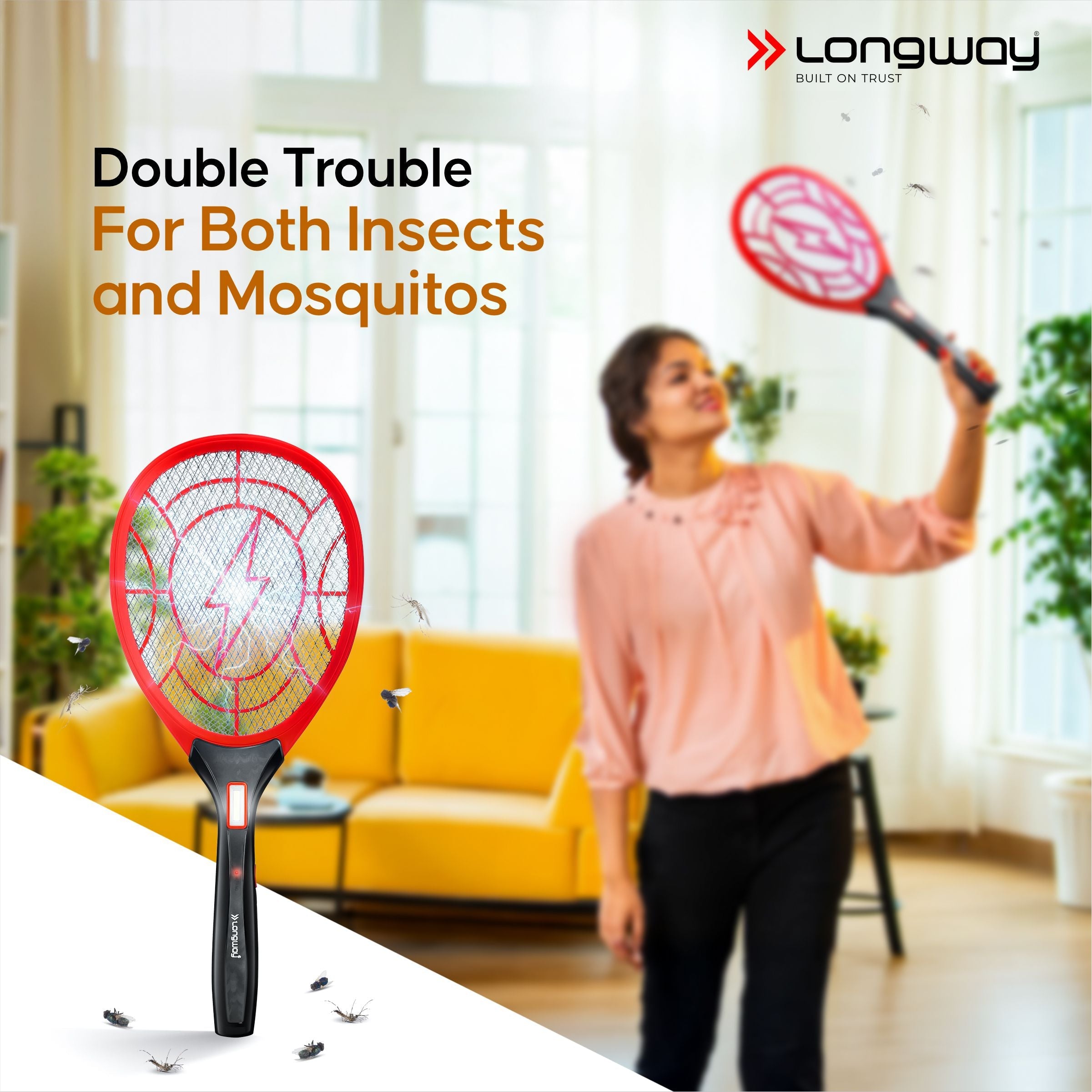Longway Zappy Rechargeable Mosquito Racket | 3500V DC Voltage on the Net Mesh| Insect Killer Bat | 500mAH Battery | Large Net Area for Better Coverage | Long Lasting Internal Battery | 6 Months Warranty (Black)