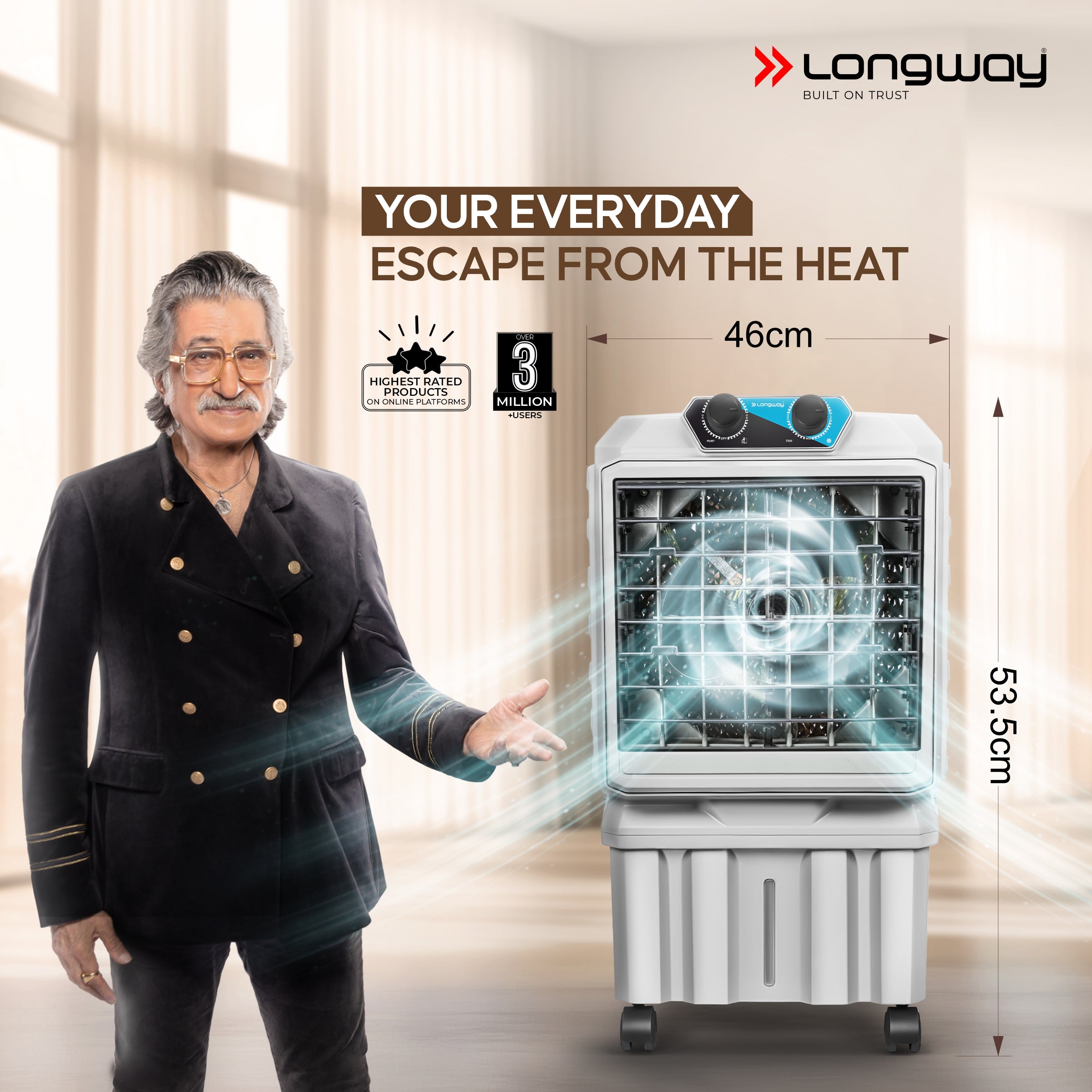 Longway Chill Pro 30 Ltr Portable Air Cooler for Home | Densenest Honeycomb Pads | Fully collapsible Louvers | 20% More Speed Air Delivery | Lower Power Consumption | Inverter Compatible | Air Cooler For Room (Gray, 30L)