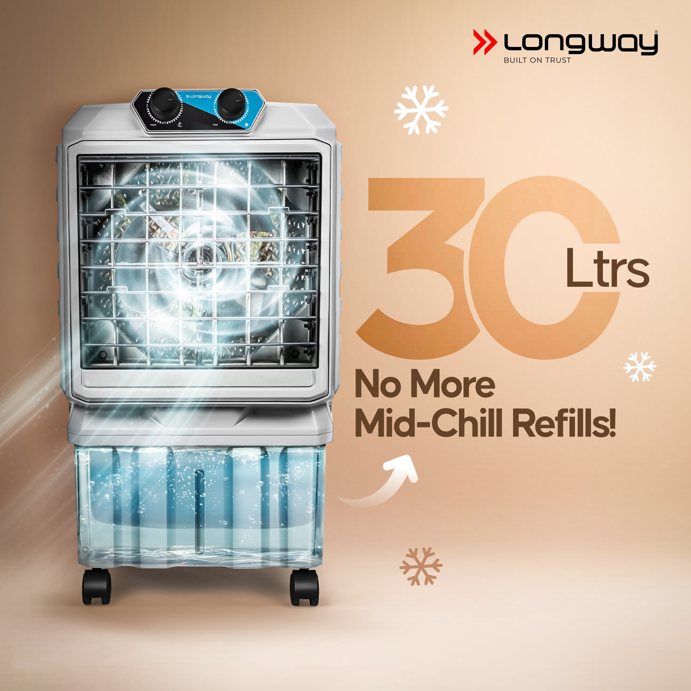Longway Chill Pro 30 Ltr Portable Air Cooler for Home | Densenest Honeycomb Pads | Fully collapsible Louvers | 20% More Speed Air Delivery | Lower Power Consumption | Inverter Compatible | Air Cooler For Room (Gray, 30L)