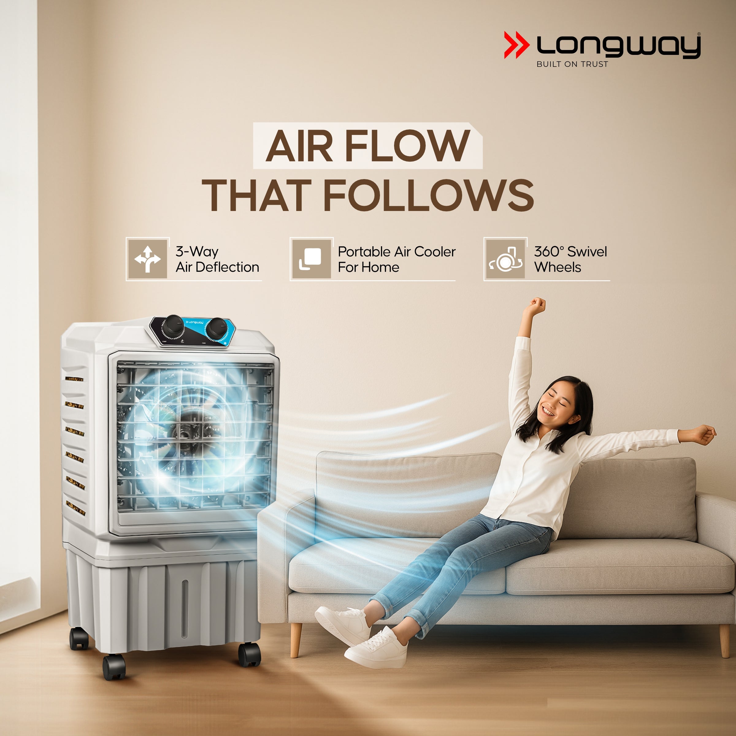 Longway Chill Pro 30 Ltr Portable Air Cooler for Home | Densenest Honeycomb Pads | Fully collapsible Louvers | 20% More Speed Air Delivery | Lower Power Consumption | Inverter Compatible | Air Cooler For Room (Gray, 30L)