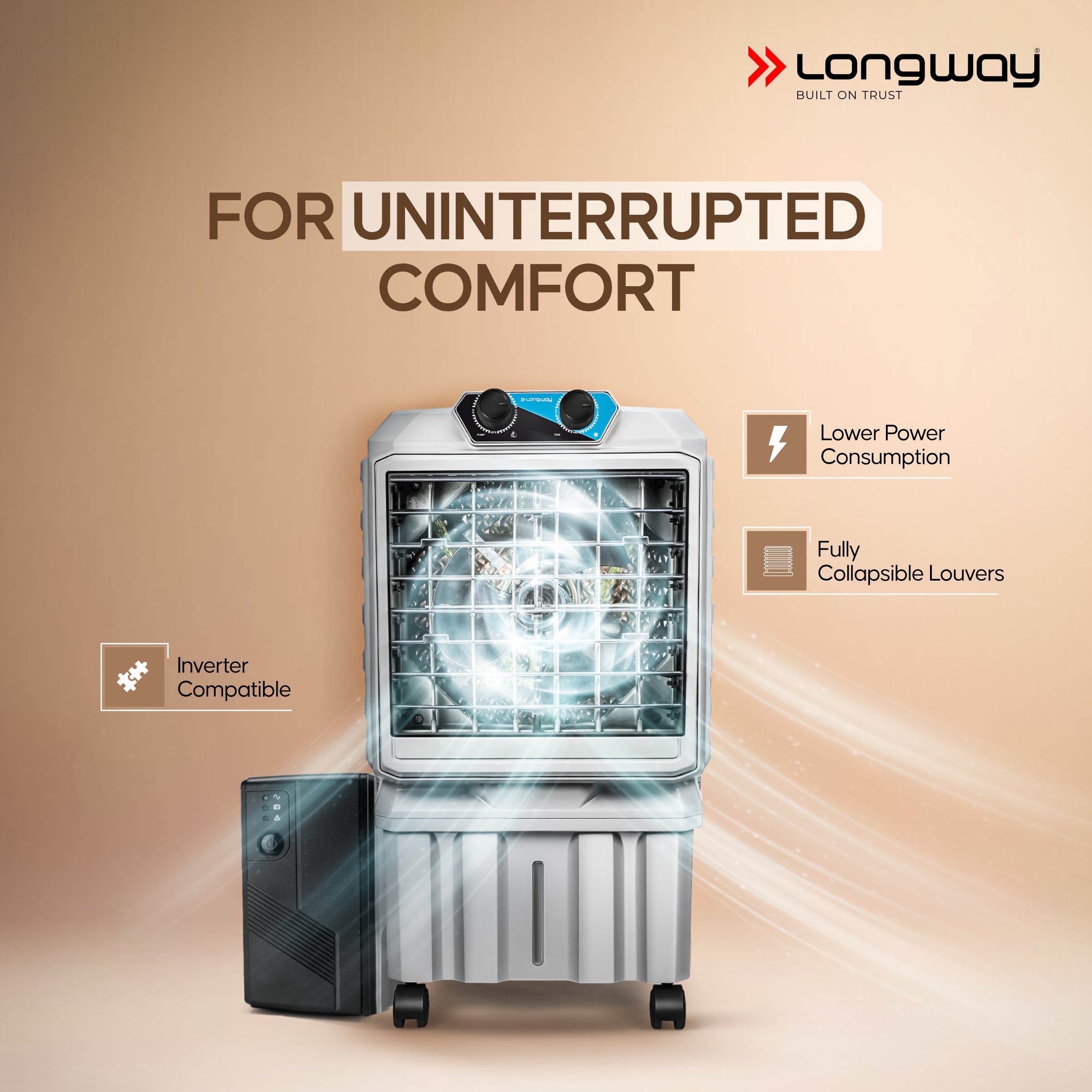 Longway Chill Pro 30 Ltr Portable Air Cooler for Home | Densenest Honeycomb Pads | Fully collapsible Louvers | 20% More Speed Air Delivery | Lower Power Consumption | Inverter Compatible | Air Cooler For Room (Gray, 30L)