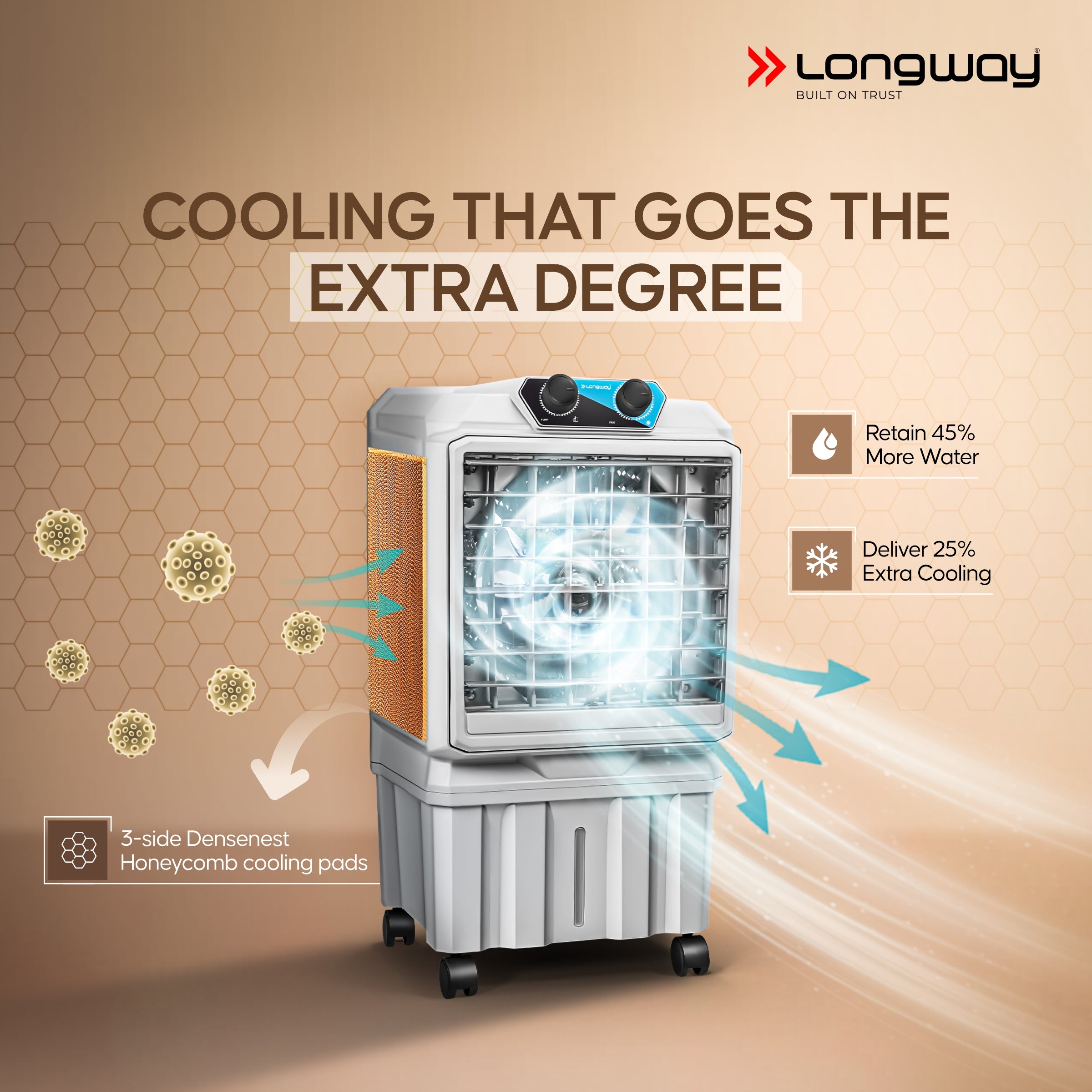 Longway Chill Pro 30 Ltr Portable Air Cooler for Home | Densenest Honeycomb Pads | Fully collapsible Louvers | 20% More Speed Air Delivery | Lower Power Consumption | Inverter Compatible | Air Cooler For Room (Gray, 30L)