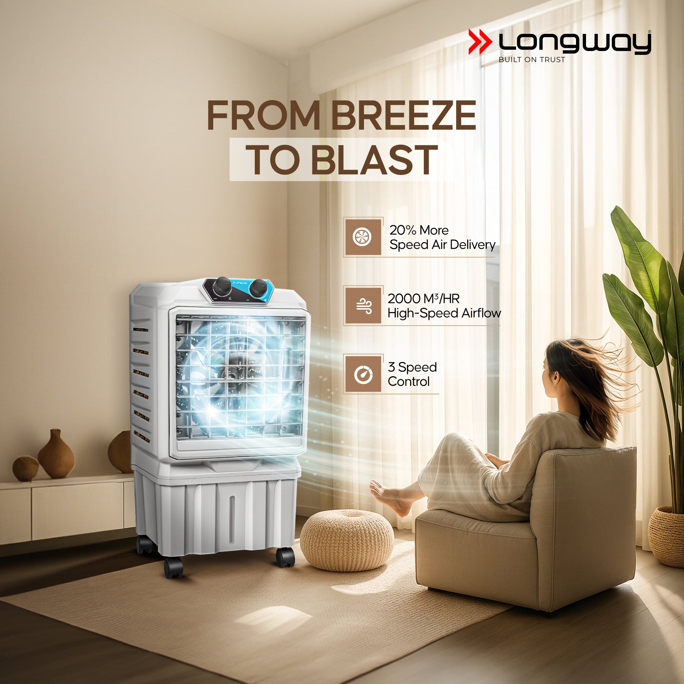 Longway Chill Pro 30 Ltr Portable Air Cooler for Home | Densenest Honeycomb Pads | Fully collapsible Louvers | 20% More Speed Air Delivery | Lower Power Consumption | Inverter Compatible | Air Cooler For Room (Gray, 30L)