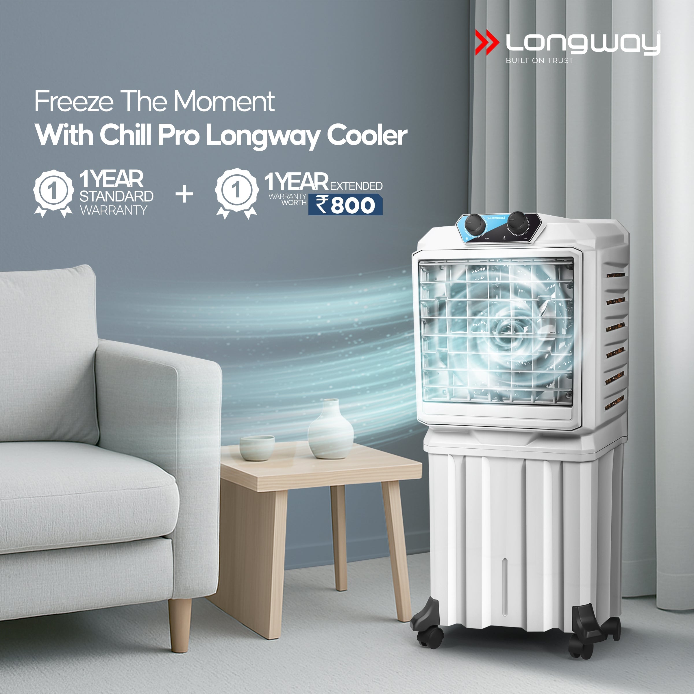 Longway Chill Pro 50 Ltr Portable Air Cooler for Home | Densenest Honeycomb Pads | Fully collapsible Louvers | 20% More Speed Air Delivery | Lower Power Consumption | Inverter Compatible | Air Cooler For Room (Gray, 50L)