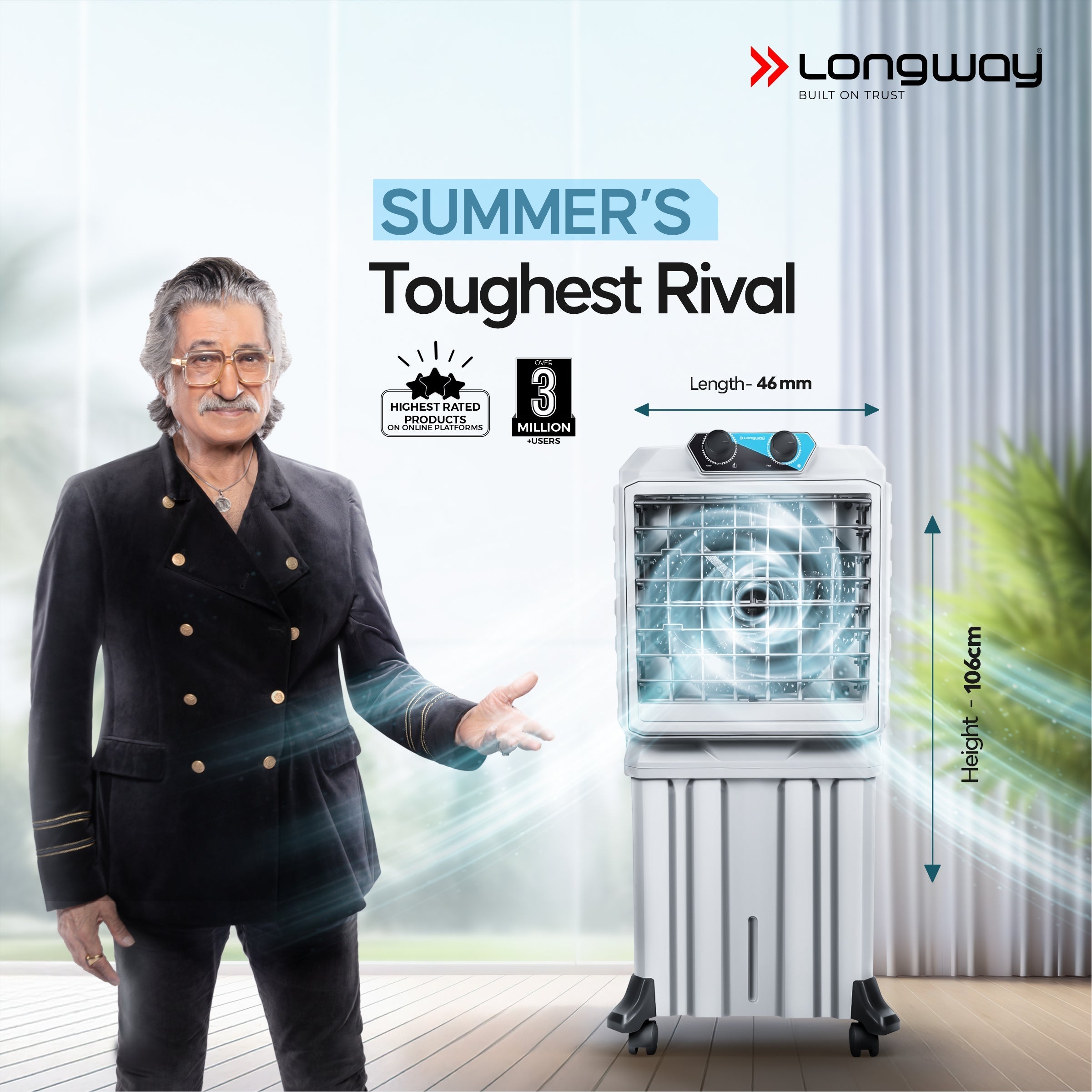 Longway Chill Pro 50 Ltr Portable Air Cooler for Home | Densenest Honeycomb Pads | Fully collapsible Louvers | 20% More Speed Air Delivery | Lower Power Consumption | Inverter Compatible | Air Cooler For Room (Gray, 50L)