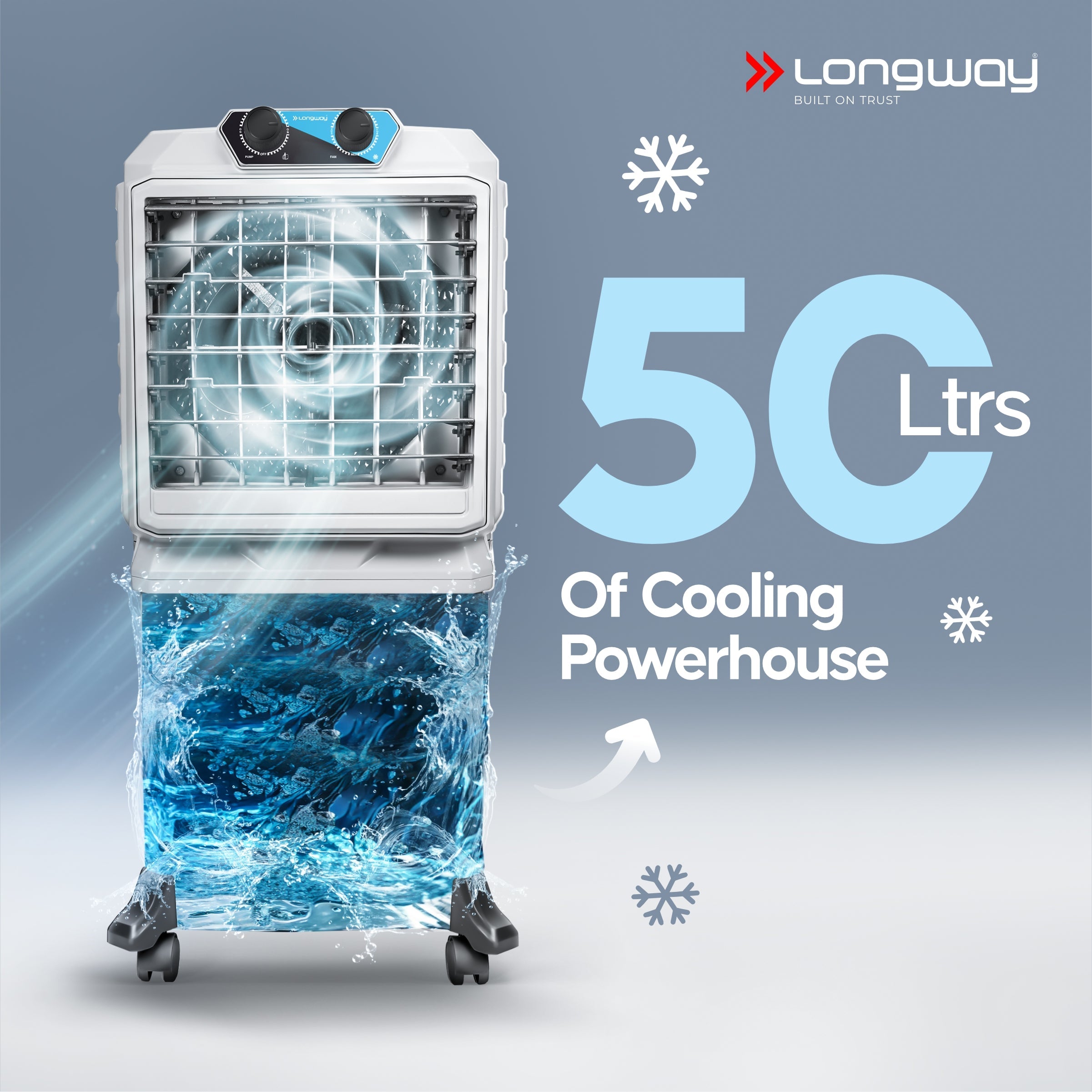Longway Chill Pro 50 Ltr Portable Air Cooler for Home | Densenest Honeycomb Pads | Fully collapsible Louvers | 20% More Speed Air Delivery | Lower Power Consumption | Inverter Compatible | Air Cooler For Room (Gray, 50L)
