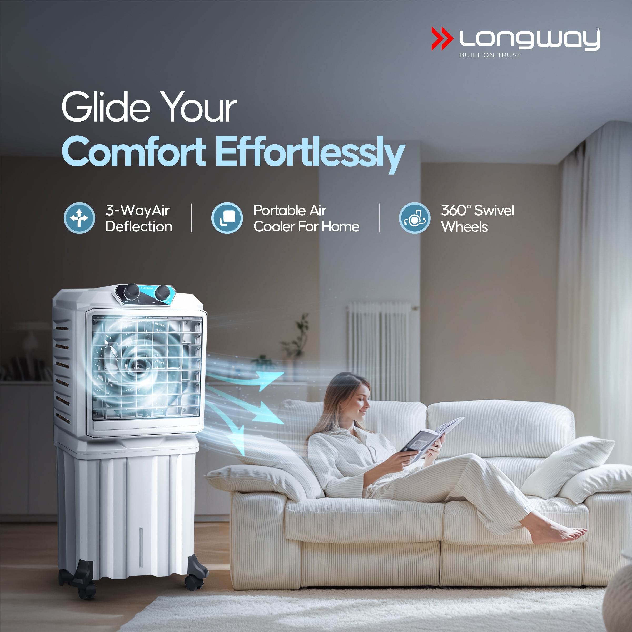Longway Chill Pro 50 Ltr Portable Air Cooler for Home | Densenest Honeycomb Pads | Fully collapsible Louvers | 20% More Speed Air Delivery | Lower Power Consumption | Inverter Compatible | Air Cooler For Room (Gray, 50L)