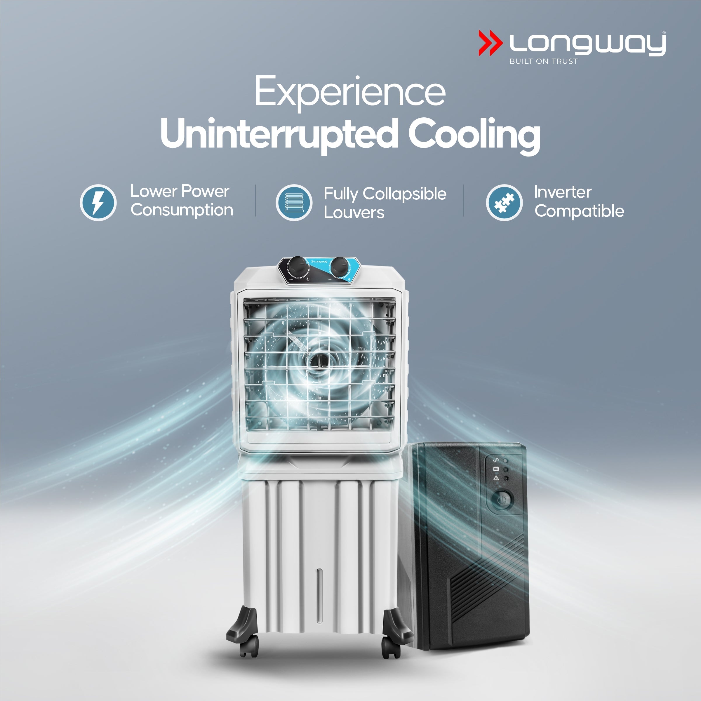 Longway Chill Pro 50 Ltr Portable Air Cooler for Home | Densenest Honeycomb Pads | Fully collapsible Louvers | 20% More Speed Air Delivery | Lower Power Consumption | Inverter Compatible | Air Cooler For Room (Gray, 50L)