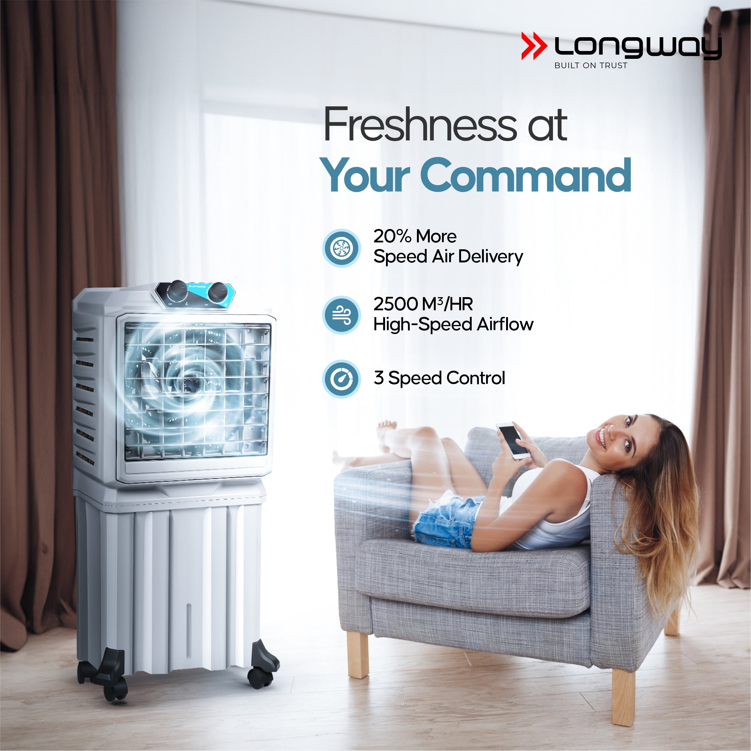 Longway Chill Pro 50 Ltr Portable Air Cooler for Home | Densenest Honeycomb Pads | Fully collapsible Louvers | 20% More Speed Air Delivery | Lower Power Consumption | Inverter Compatible | Air Cooler For Room (Gray, 50L)