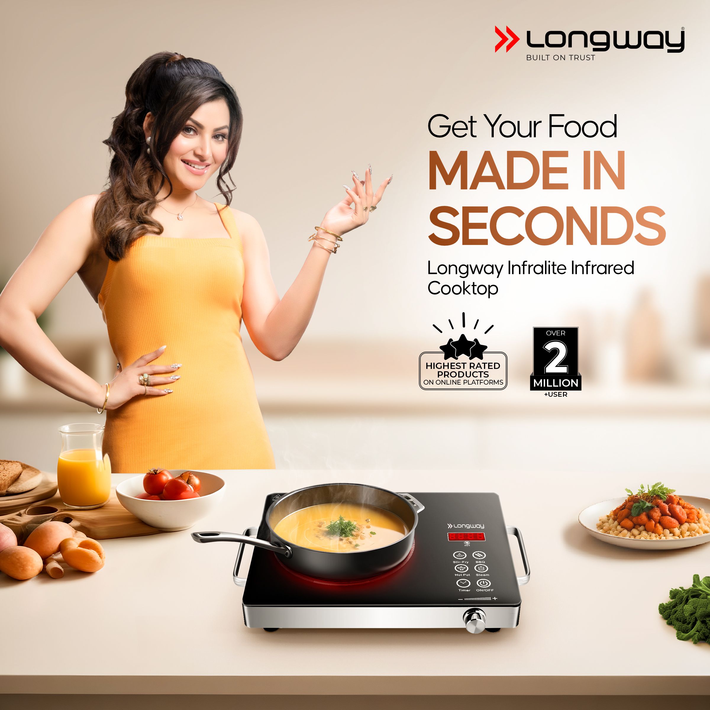 Longway Infralite Pro ICT 2200 W Infrared Cooktop with Free Stainless Steel Grill | Auto Shut Off & Overheat Protection (Black, Touch Control)