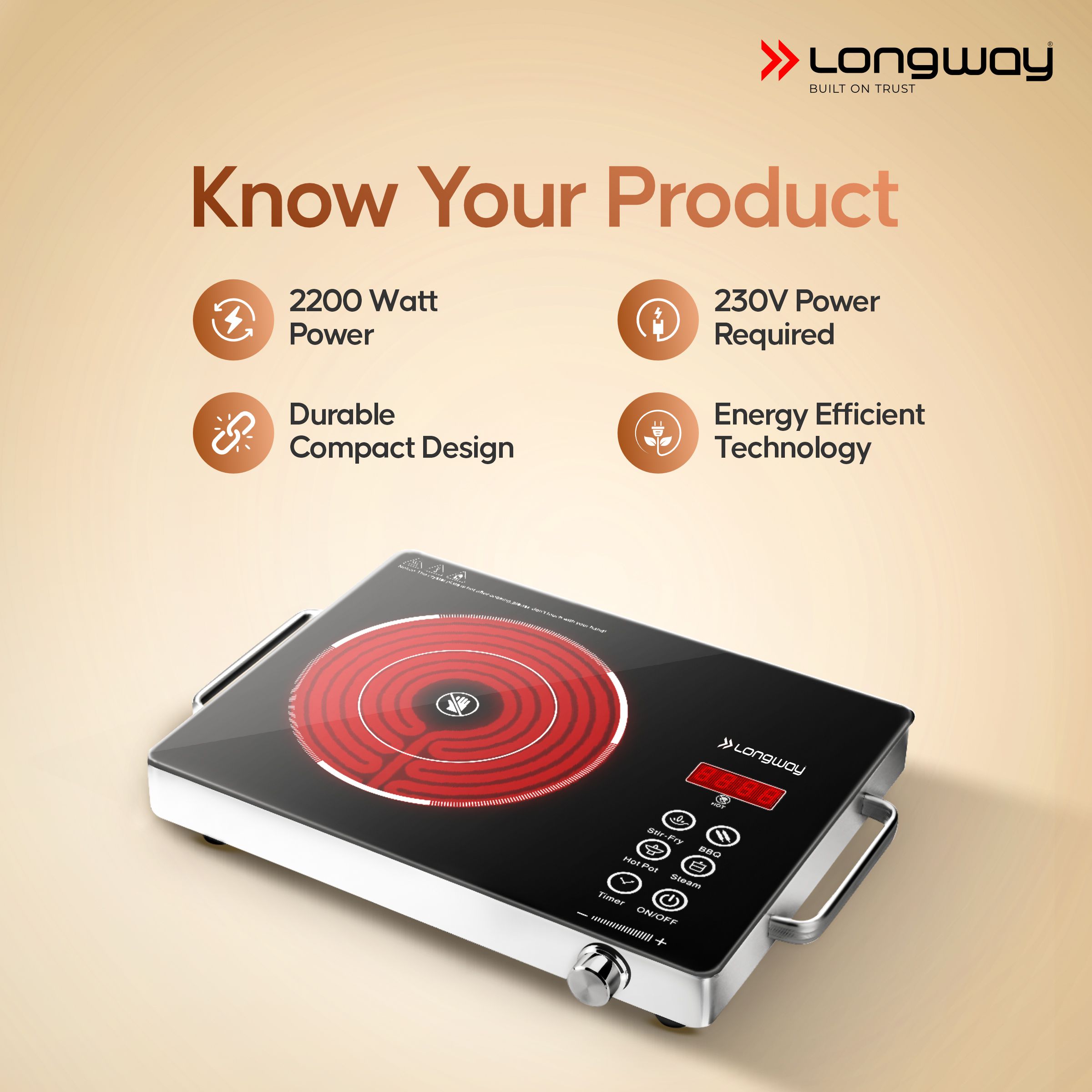 Longway Infralite Pro ICT 2200 W Infrared Cooktop with Free Stainless Steel Grill | Auto Shut Off & Overheat Protection  (Black, Touch Control)