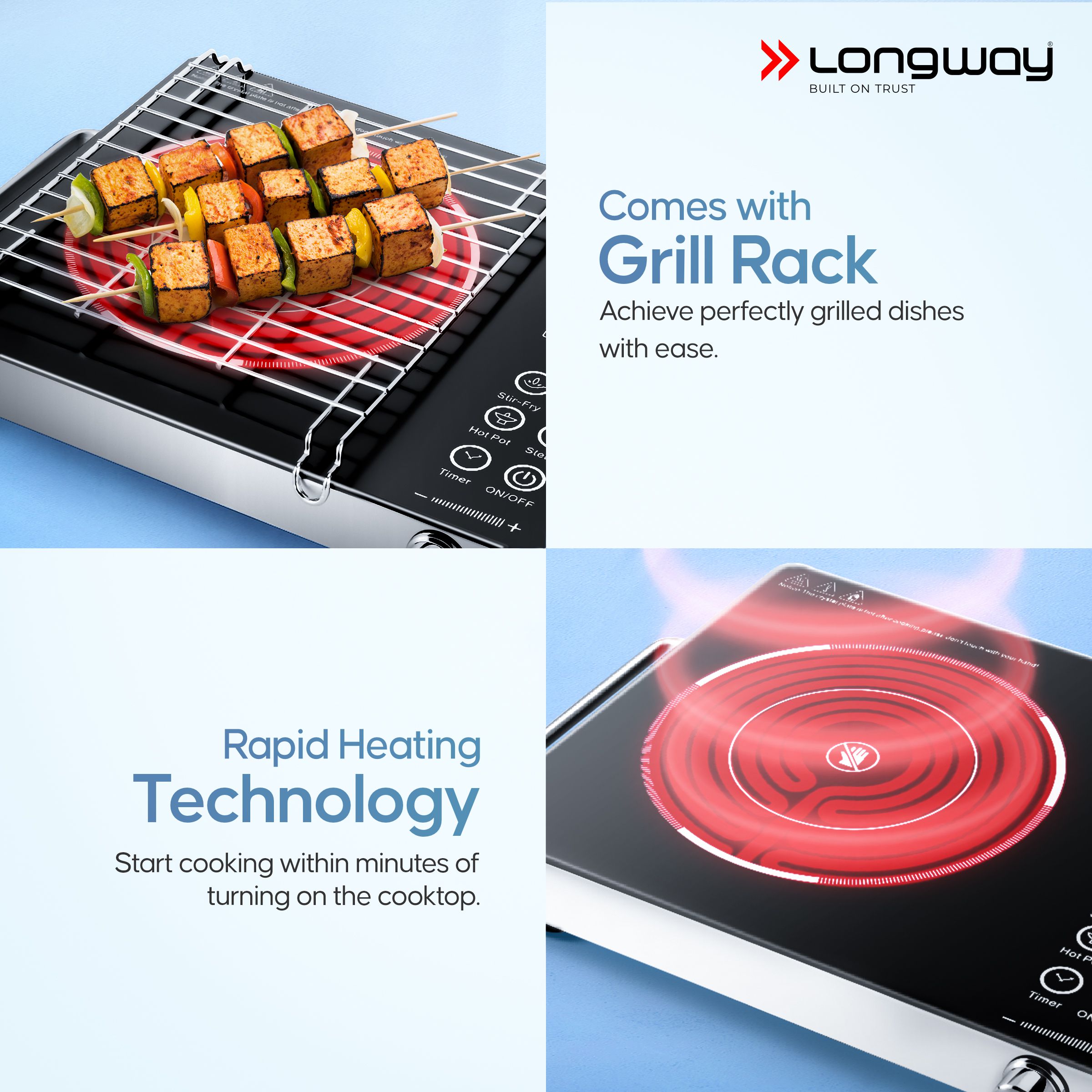Longway Infralite Pro ICT 2200 W Infrared Cooktop with Free Stainless Steel Grill | Auto Shut Off & Overheat Protection (Black, Touch Control)