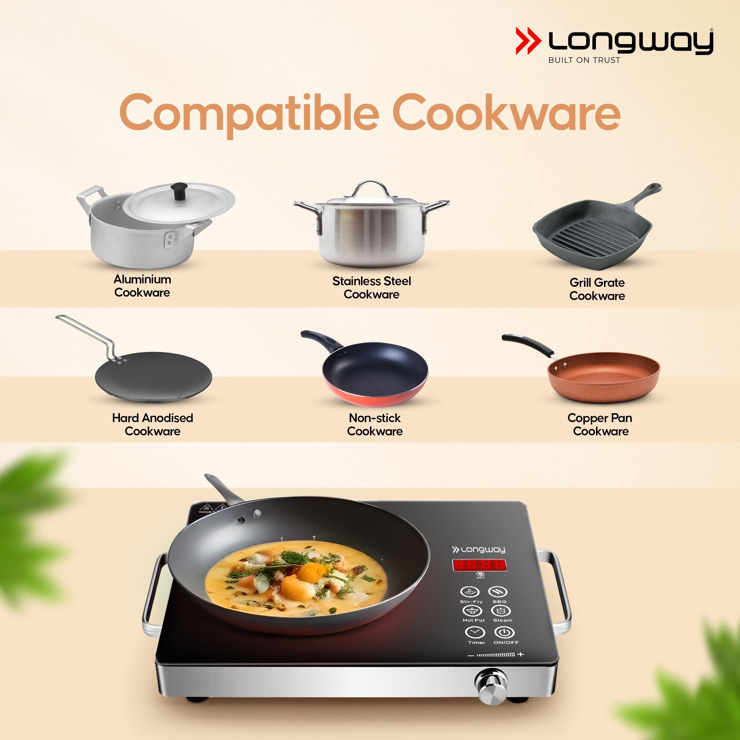 Longway Infralite Pro ICT 2200 W Infrared Cooktop with Free Stainless Steel Grill | Auto Shut Off & Overheat Protection (Black, Touch Control)