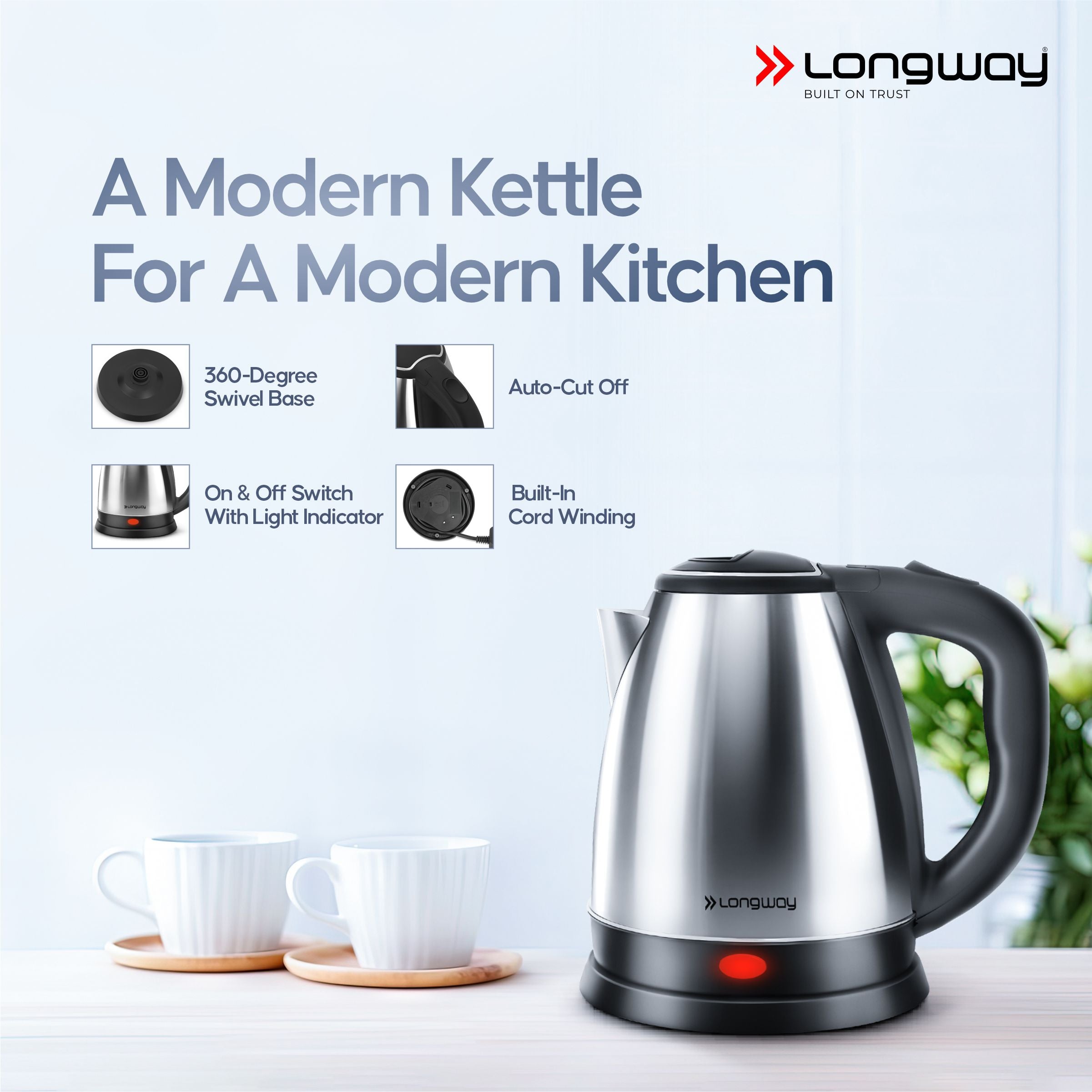 Longway Kestro 1.5 Ltr Electric Kettle with Stainless Steel Body for Boiling, Making Tea, Coffee, Soup, Etc (1500 W, Silver)
