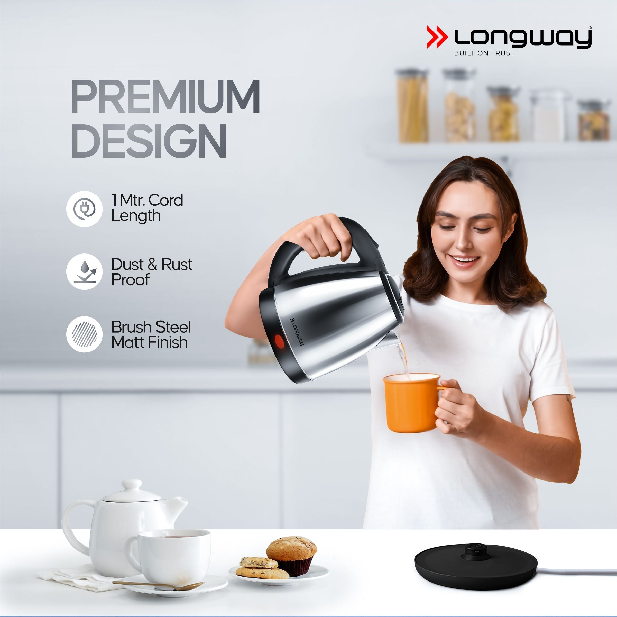 Longway Kestro 1.5 Ltr Electric Kettle with Stainless Steel Body for Boiling, Making Tea, Coffee, Soup, Etc (1500 W, Silver)