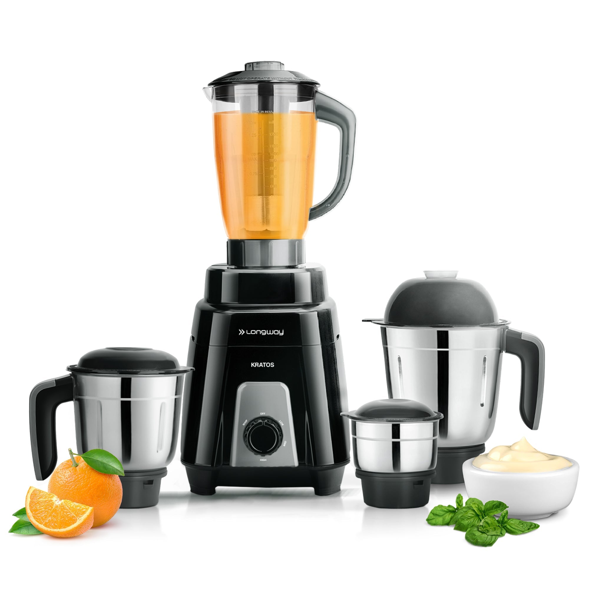 Longway Kratos 1000 Watt Juicer Mixer Grinder with 4 Jars for Grinding, Mixing, Juicing with Powerful Motor | 1 Year Warranty | (Black, 4 Jars)